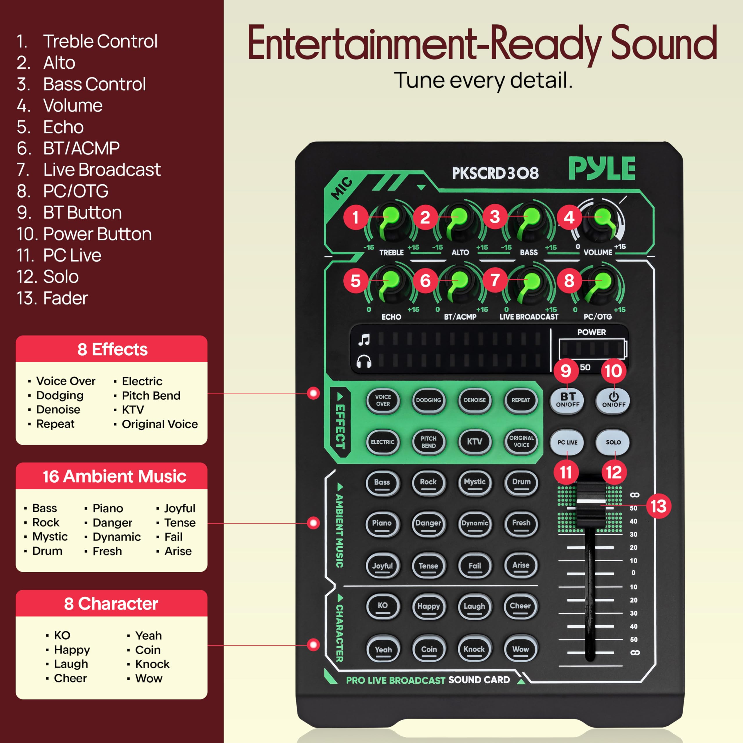 Pyle Tarjeta de sonido portátil Bluetooth para transmisión en vivo, interfaz de audio profesional, condensador mezclador de DJ con juego de micrófono, para transmisión de podcasts, estudio, grabación