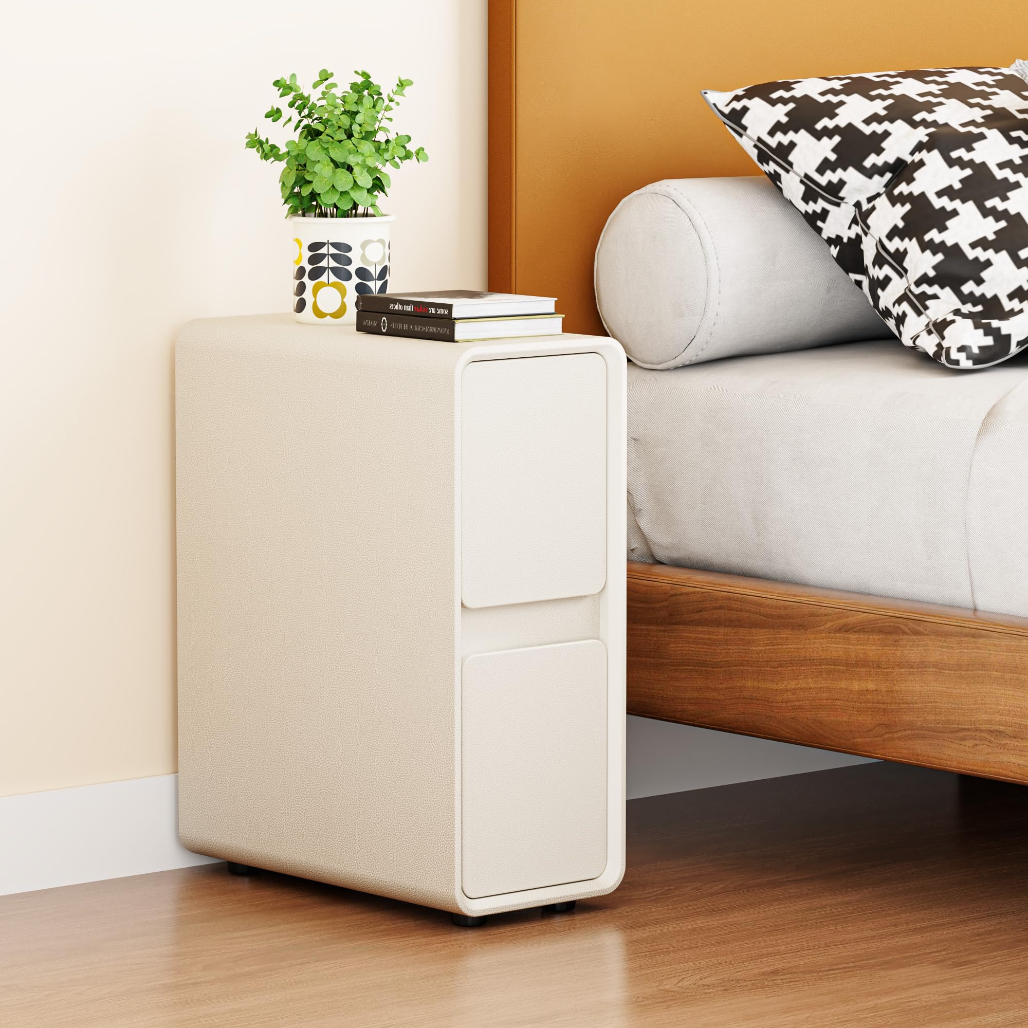 7.8" W Faux Leather Narrow Nightstand, Modern Fully-Assembled Bedside Table with 2 Drawers, Wood Night Stand Small Accent End Table & Side Table for Bedroom, White