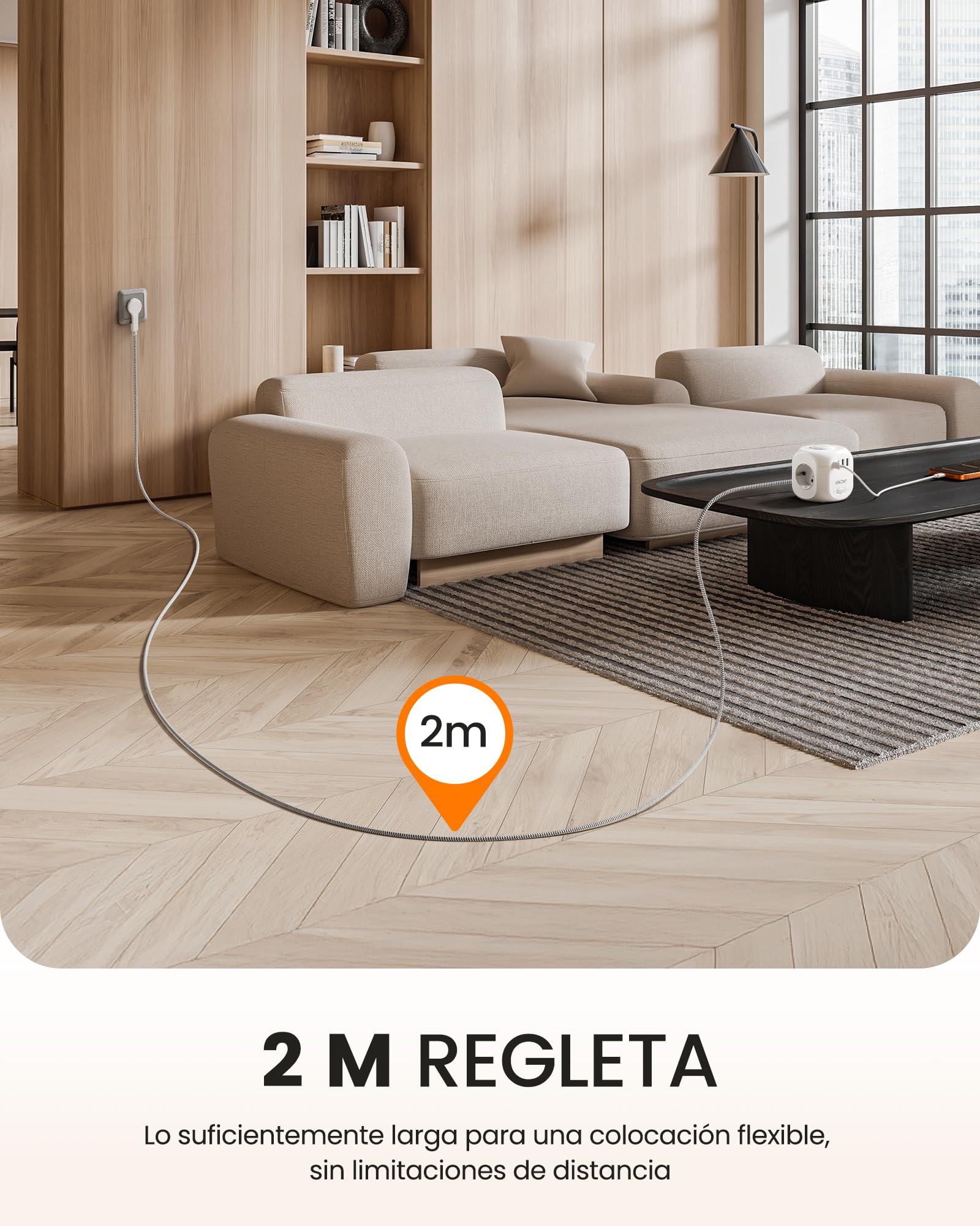 LENCENT Cubo Regleta Enchufes 2M con Enchufe Plano Regleta para Uso Interior, Regleta Enchufes Plano con 4 Tomas de CA, 3 USB, 1 Tipo C y 2 Cubiertas Protectoras para Familia, Cocina y Oficina