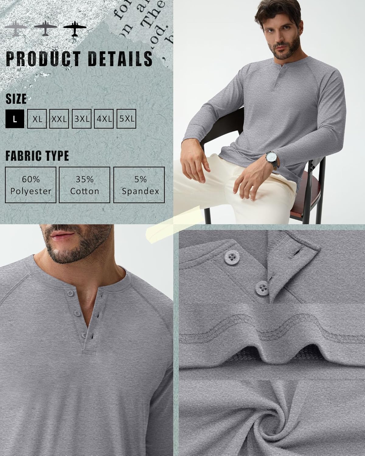 Riyiper 3 Pack Men's Big and Tall Henley Shirts Long Sleeve L-5XL Raglan Loose Casual Stretchy Tops Fall Basic Tee - Image 5