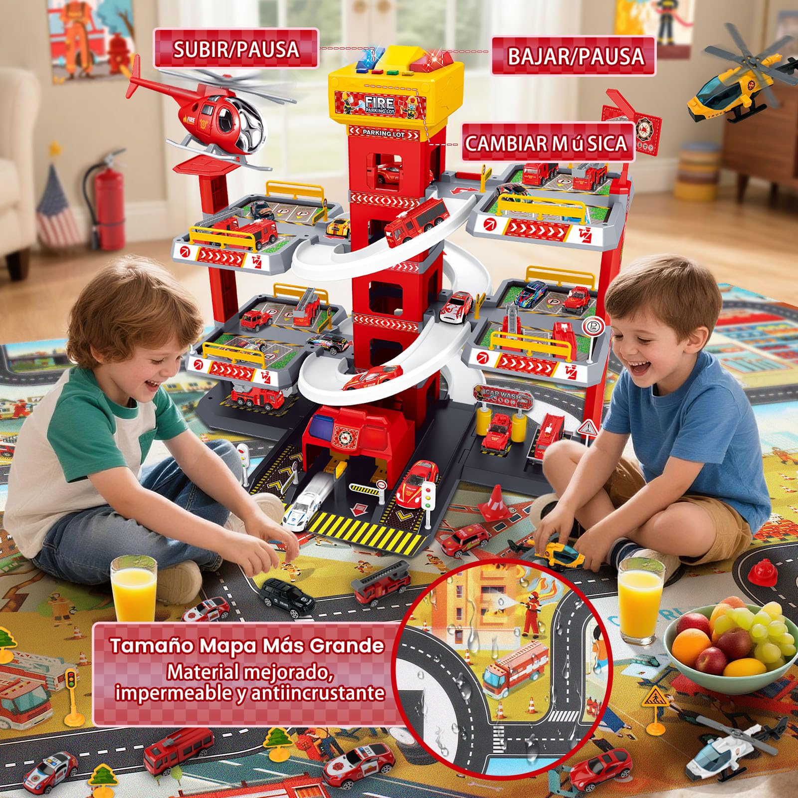 BuzzoXerex 5 Plantas Garaje Coches para Niños, Parking Molto con 14 Coches y 2 Helicóptero, Parking Juguete con Pista de Coches y Ascensor, Educativos Regalos para Niños 5 6 7 8 9 Años (Rojo)