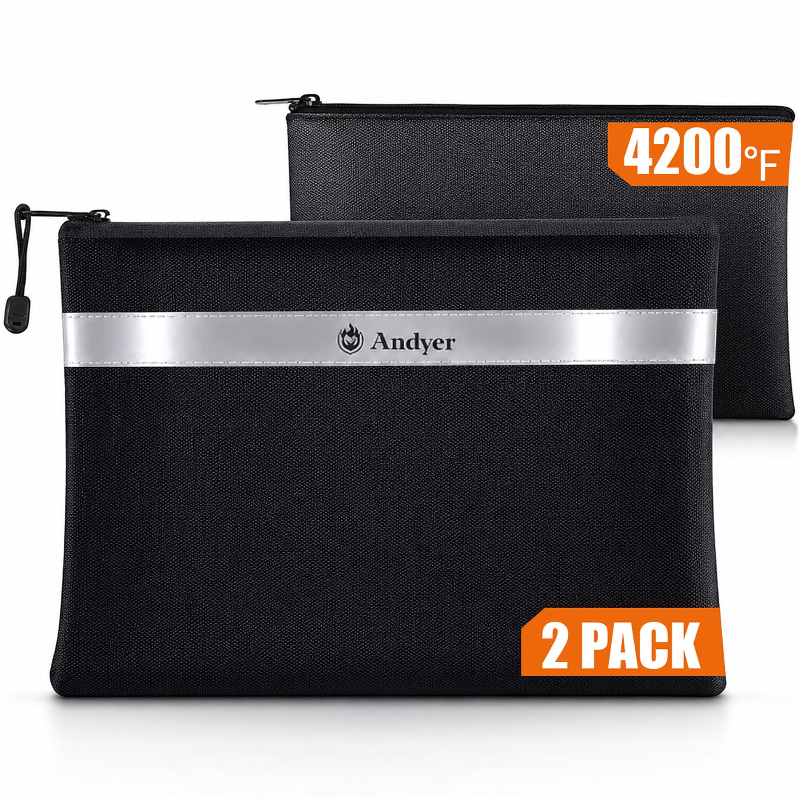 Andyer Bolsa de documentos ignífuga con bolsa de dinero, paquete de 2 bolsas impermeables e ignífugas de 13.4 x 10 pulgadas y 11 x 6 pulgadas, bolsa de almacenamiento segura ignífuga con cremallera