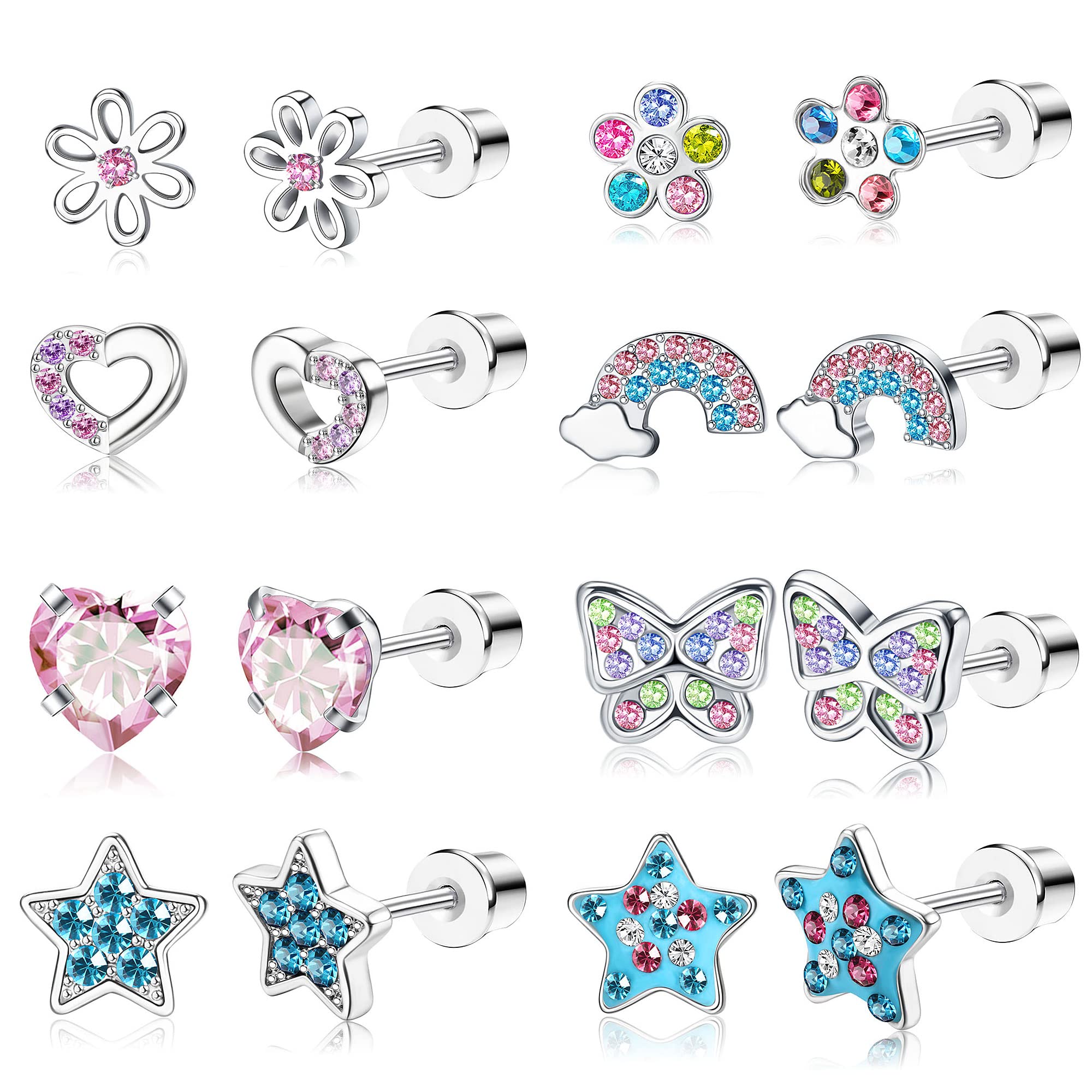 JeweBella6/8 Pares Pequenos Pendientes para Mujeres Niñas Acero Quirúrgico 316L Hipoalergénicos Pendientes Mariposa Flor Estrella Corazón Circón Multicolor Juego de Pendientes