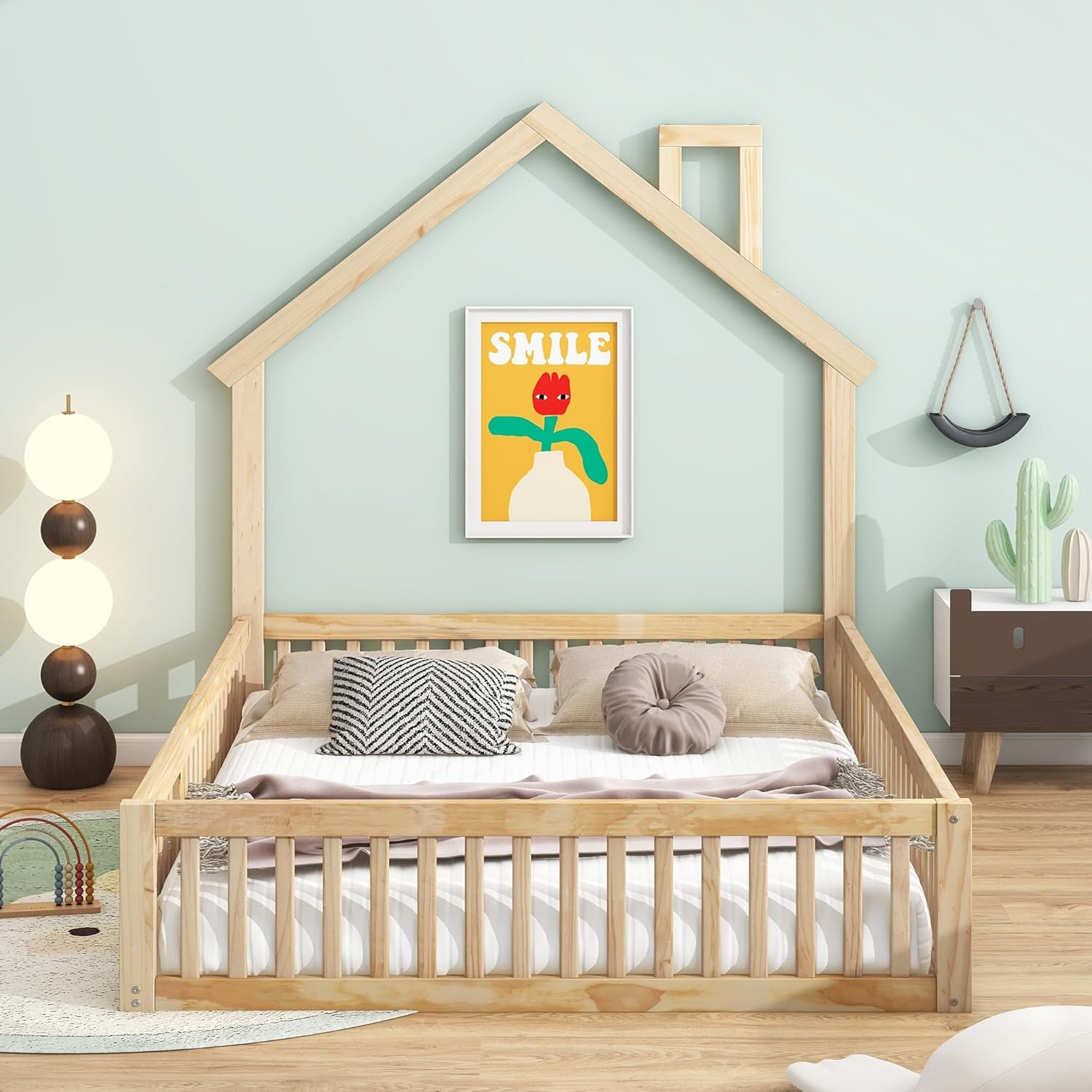 LUSPAZ Full Size Wood HouseShaped Floor Bed with Guardrail