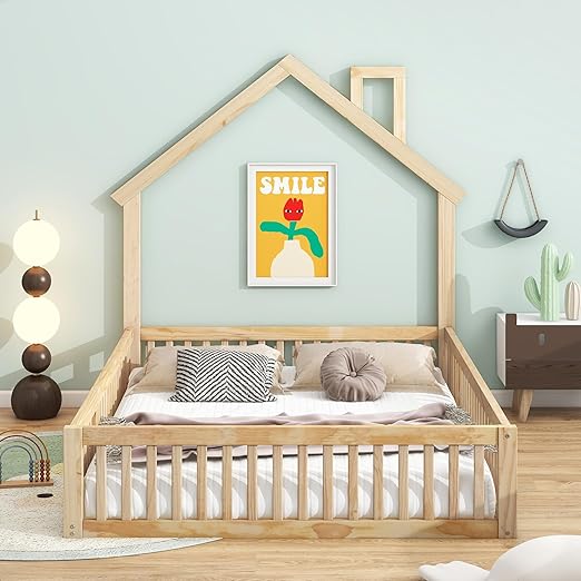 LUSPAZ Full Size Wood HouseShaped Floor Bed with Guardrail
