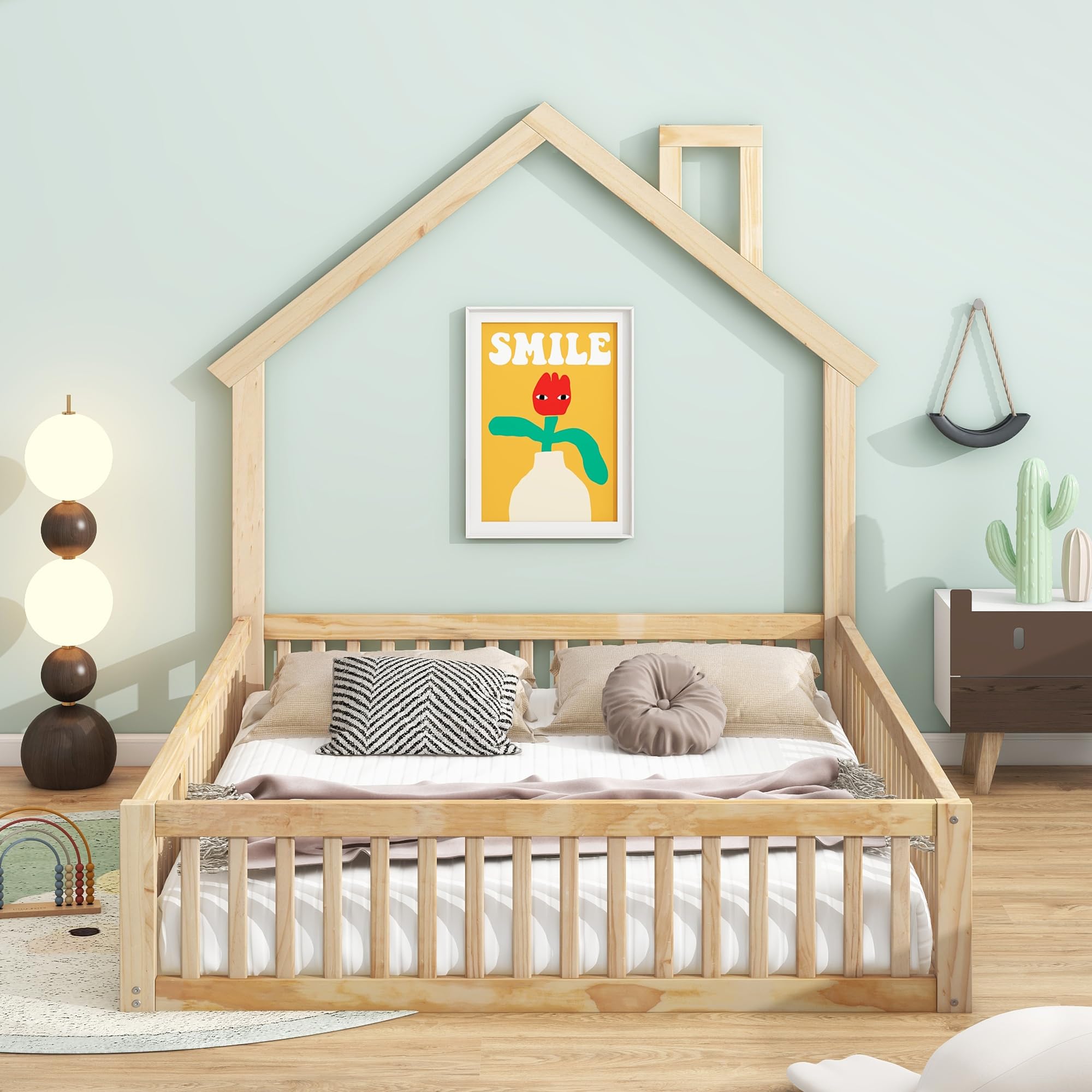 RuiSiSi Full Size Wood Floor Bed Frame with House Shape Headboard, Wooden Platform Bed with Guardrail for Girls Boys, No Box Spring Needed, Natural
