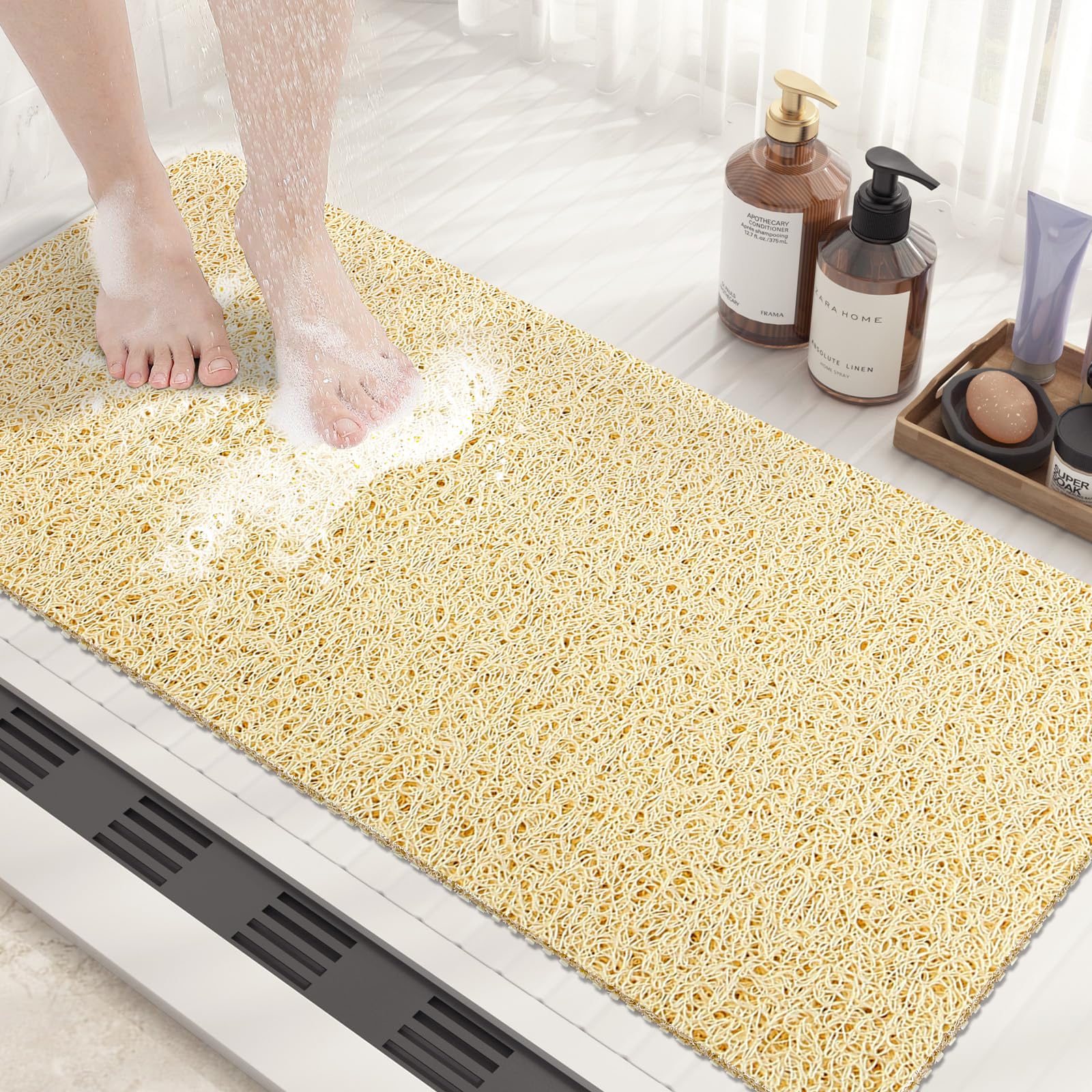 Shower Mat Non Slip Anti Mould: Bath Mats for Inside Bath- 100 x 40 cm Anti Slip Shower Mats for Inside Shower- Loofah Shower Mat Beige Long Washable Shower Matt for Elderly Wet Room Quick Dry