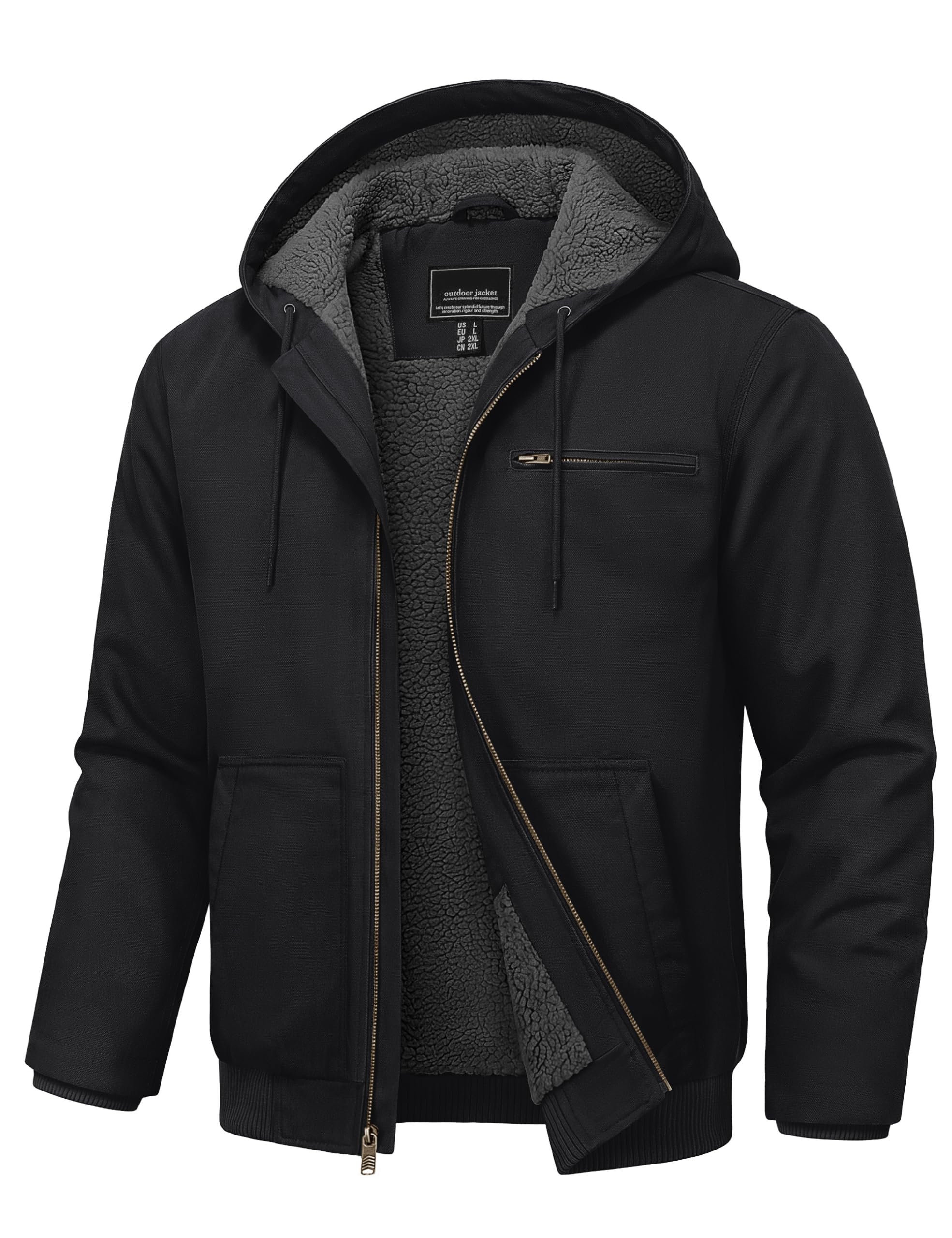 Cotrasen Men's Hooded Work Jacket Duck Canvas Sherpa-Lined Winter Coat | 5 Pockets, Thermal Insulation, Waterproof & Windproof, Heavyweight, Cotton Canvas Jacket With Hood, Warm Fleece Sherpa Lining