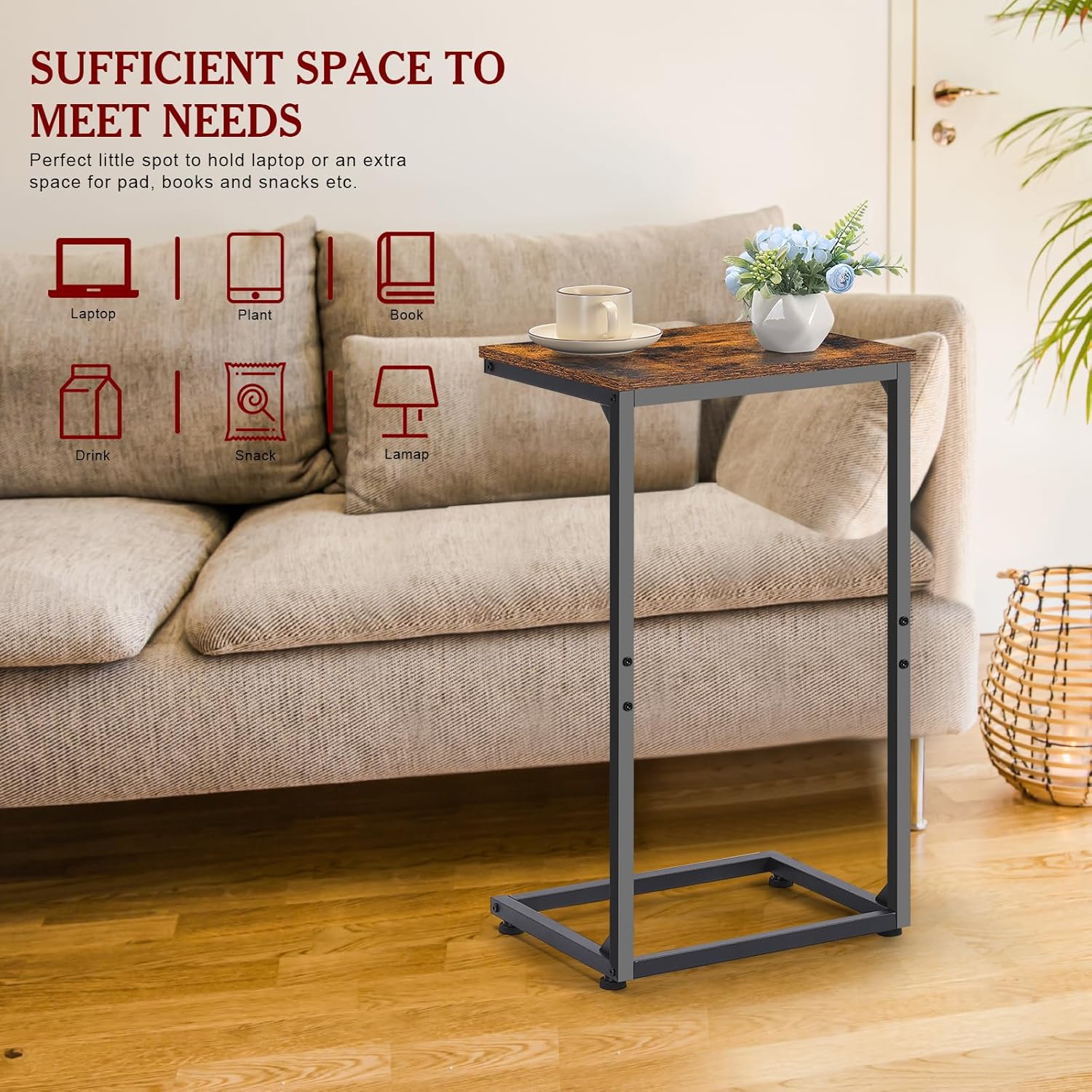 C-Shaped Tables,C Shaped End Table Set of 2-Rustic Brown Slide Under Sofa Side Tables with 22lbs Capacity, Space Saving TV Trays for Living Room, Bedroom & Small Spaces,Metal Frame Industrial