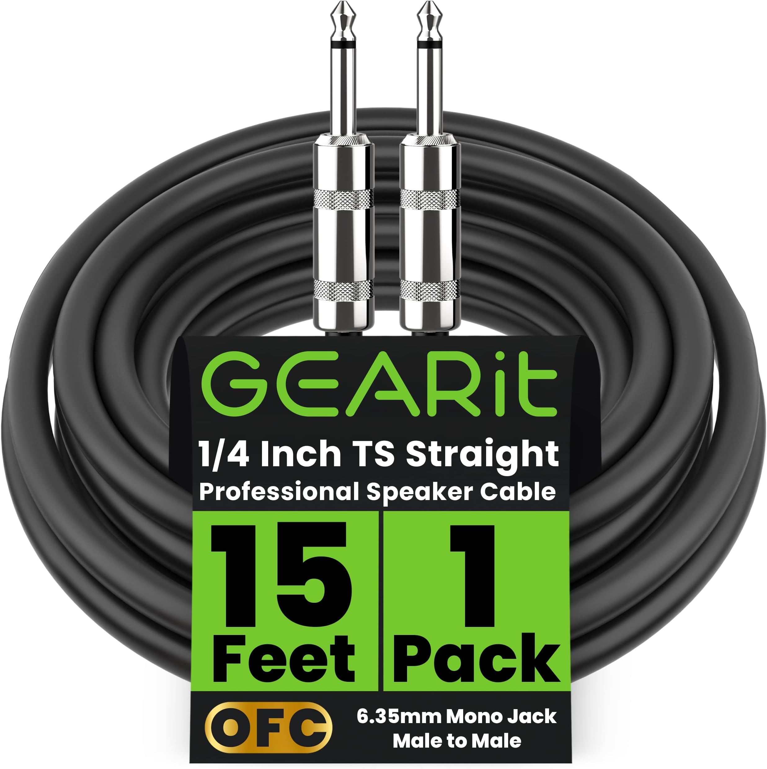 GEARit Professional Speaker Cable (15ft) 12AWG Pure Copper 1/4 inch to 1/4 inch TS Straight Male to Male for Amplifier, Speaker Cabinet, PA and DJ Audio