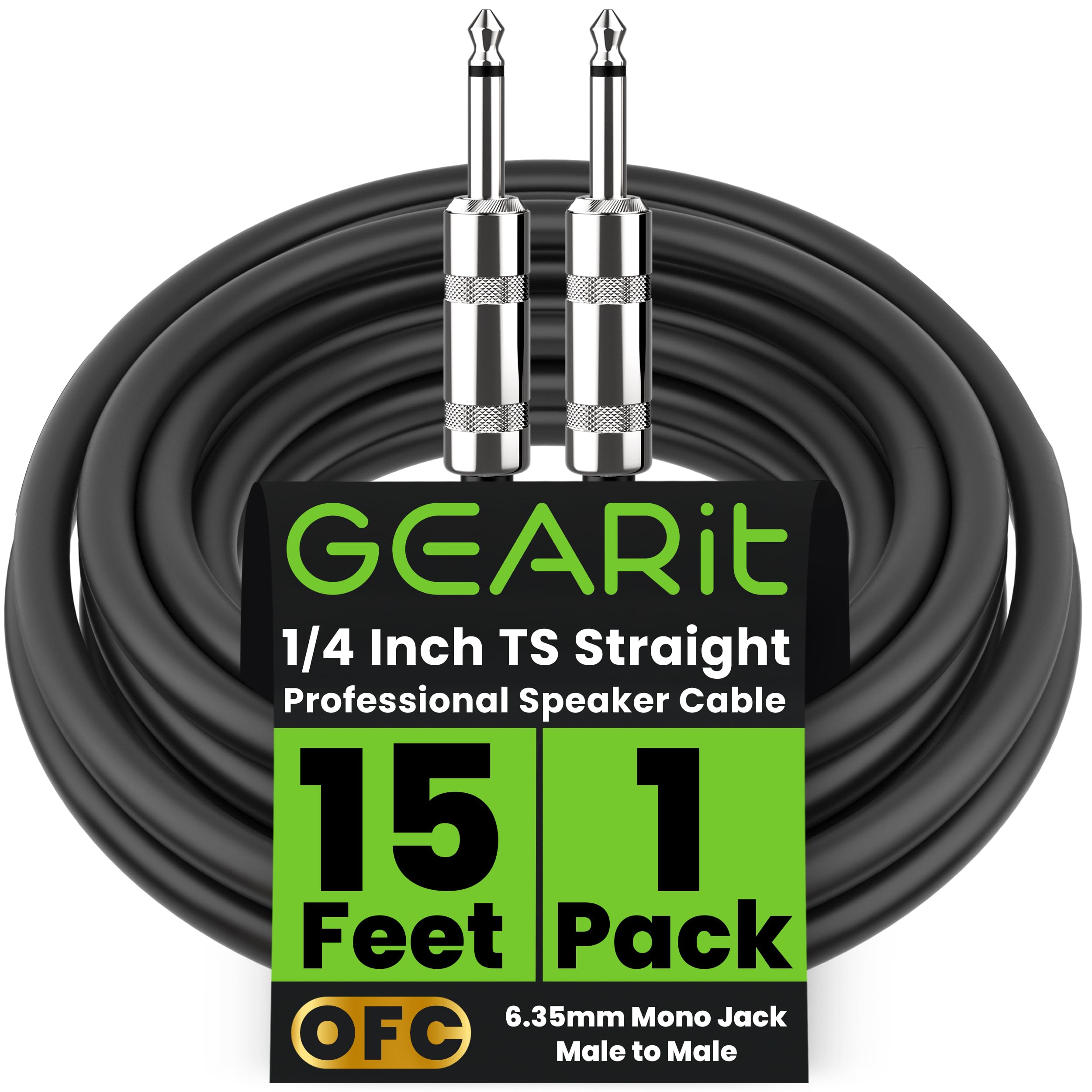 GEARit Professional Speaker Cable (15ft) 12AWG Pure Copper 1/4 inch to 1/4 inch TS Straight Male to Male for Amplifier, Speaker Cabinet, PA and DJ Audio