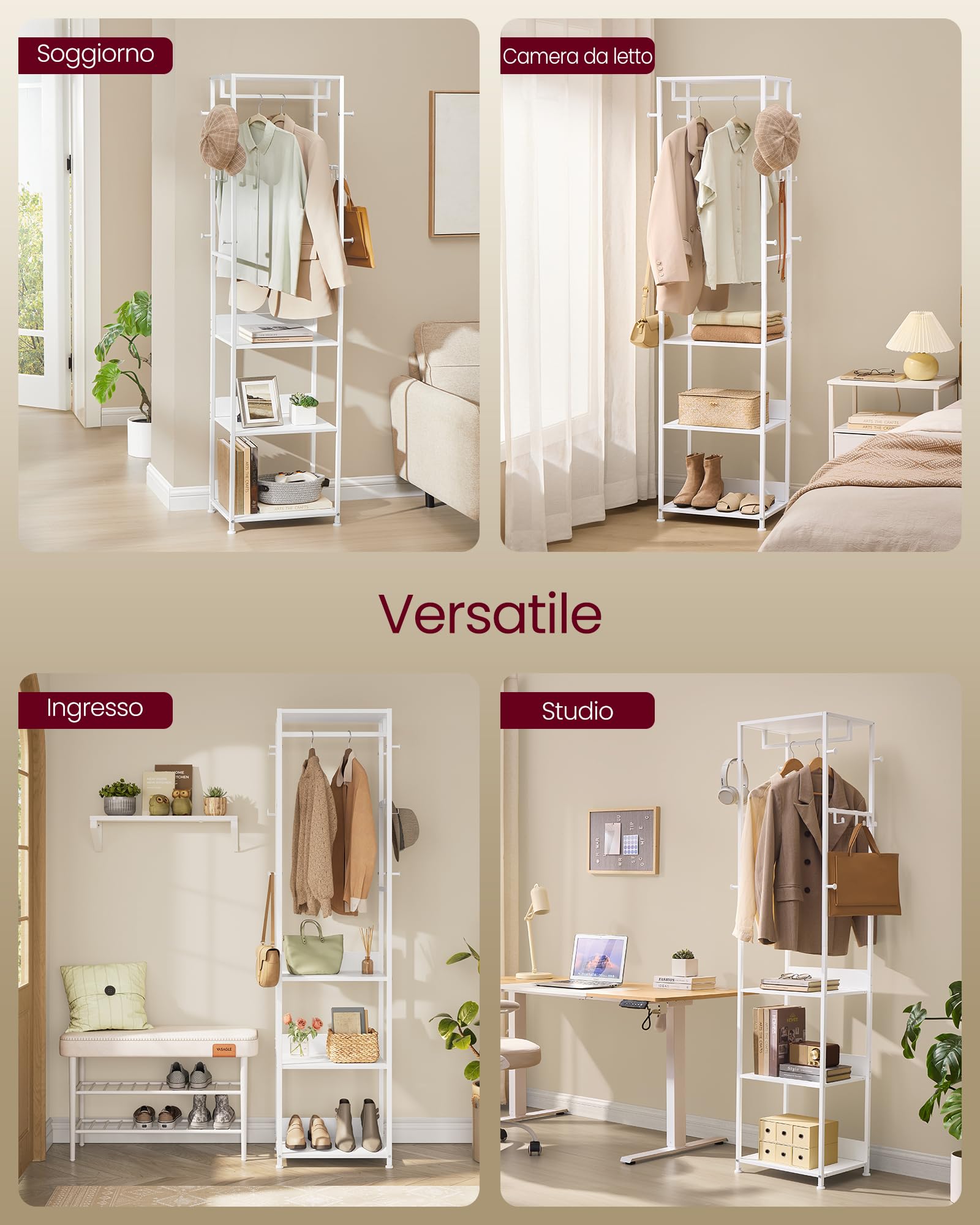 VASAGLE Appendiabiti, Attaccapanni con Barra e Ganci, Appendiabiti Ingresso con Ripiani, Struttura in Acciaio, per Vestiti Borse Cappelli, Bianco Nuvola RCR061WC02