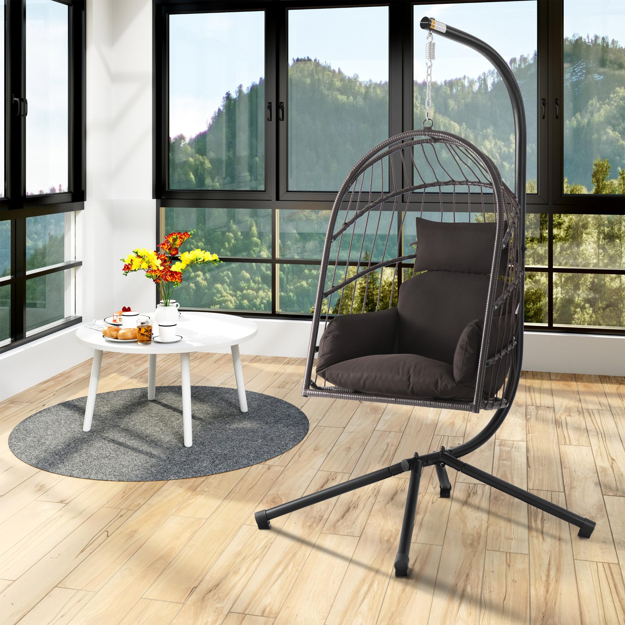 Hängesessel mit Gestell | Braun | Hängeschaukel für Indoor und Outdoor | Inkl. Kissen und Auflagepolster | Balkon Hängesessel Outdoor, Gartenschaukel, Schaukelstuhl, Hängekorb