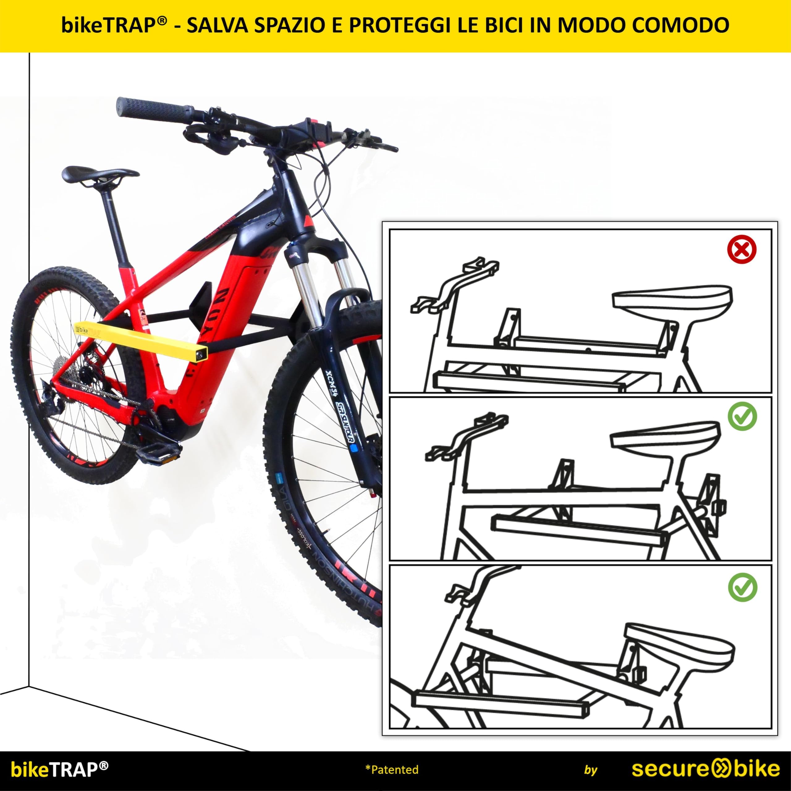 Supporto portabici da muro e lucchetto antifurto - bikeTRAP. Gancio da parete per due biciclette, compatibile con tutte le forme e i pesi. Conserva la bici in garage, cortili … in tuta tranquilità !