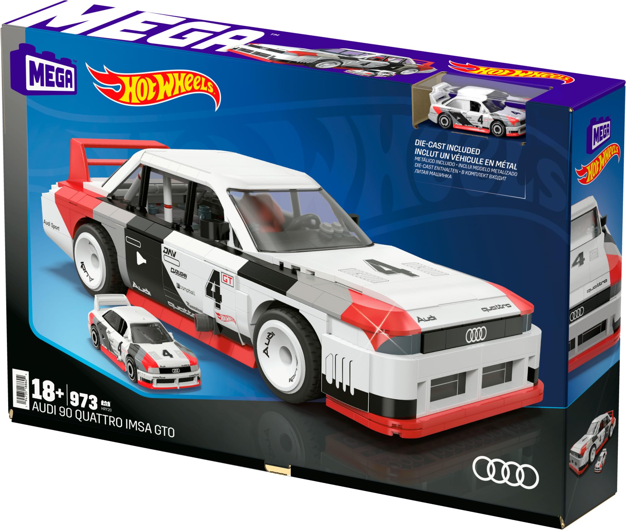 MEGA Hot Wheels Audi 90 Quattro ISMA GTO Coche de juguete de 973 bloques de construcción, incluye vehículo die-cast, +18 años (Mattel HRY20)