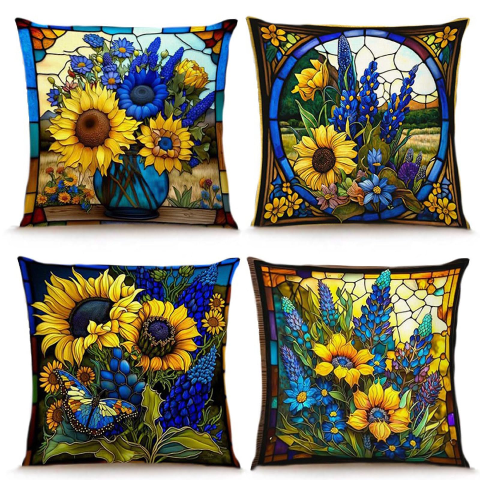 Cushion Covers Blue Yellow Brown Pillow Cases 4 Pack Sofa Cushions 40x40cm