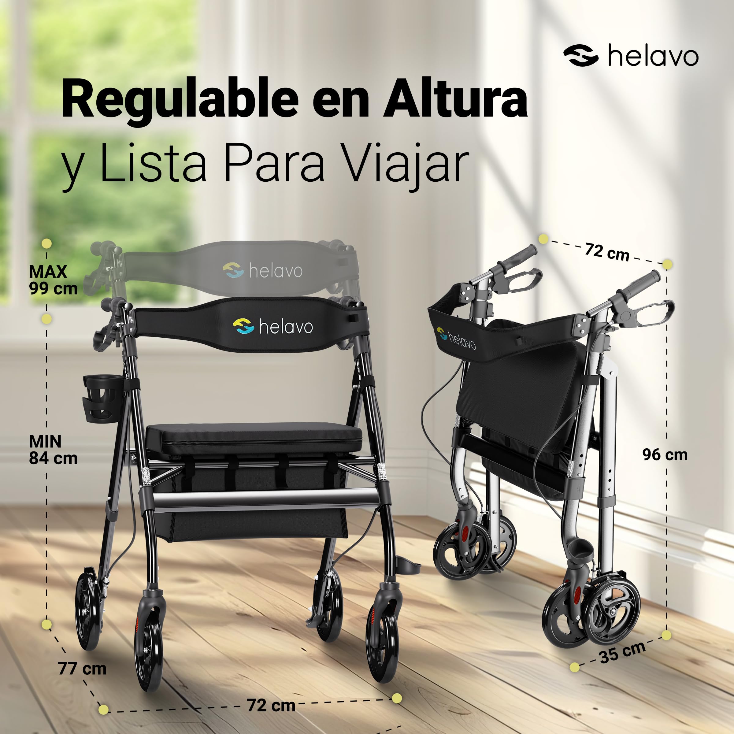 HELAVO andador para ancianos extra ancho con asiento grande y regulable en altura - Rollator plegable de gran resistencia fabricado en aluminio - Capacidad de carga de hasta 226 kg