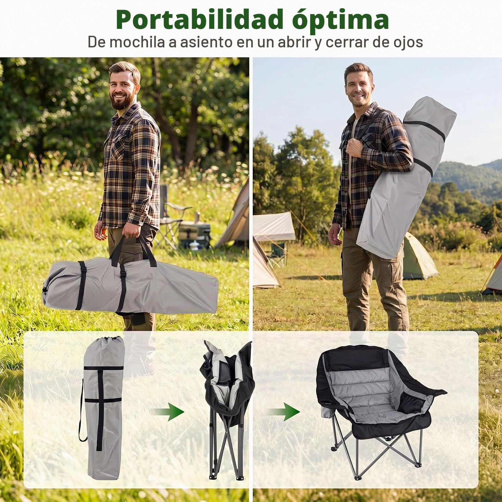 COSTWAY Silla de Camping Extragrande y Acholchada, Silla Plegable Portátil con Bolsillos Laterales, Portavasos, Bolsa de Transporte, Playa Pesca, Carga 225 kg,72 x 104 x 93 cm (Gris)