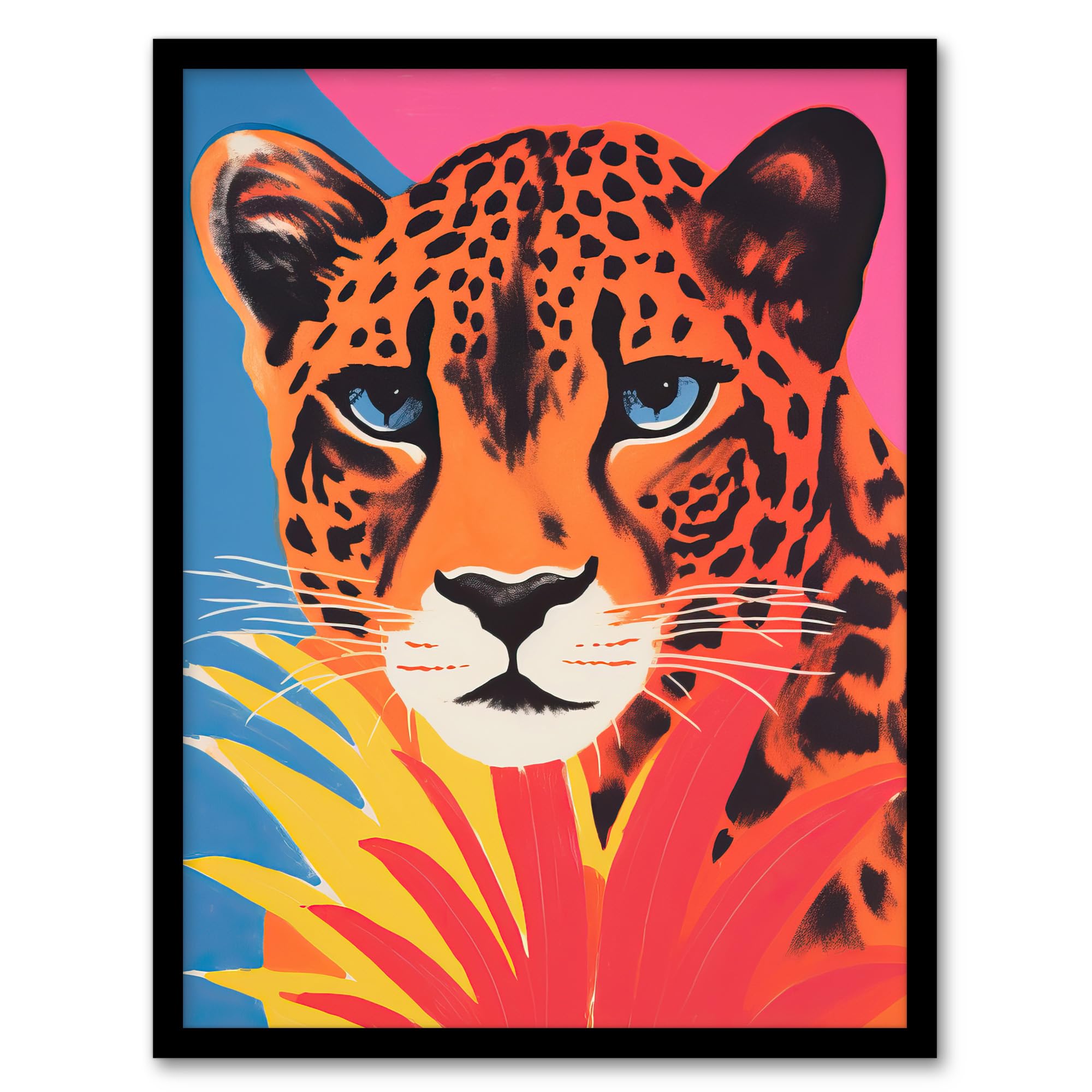 Artery8 Cheetah And Pineapple Modern Screen Print Risograph Blue Pink Orange Artwork Painting Artwork Framed Wall Art Print 18X24 Inch
