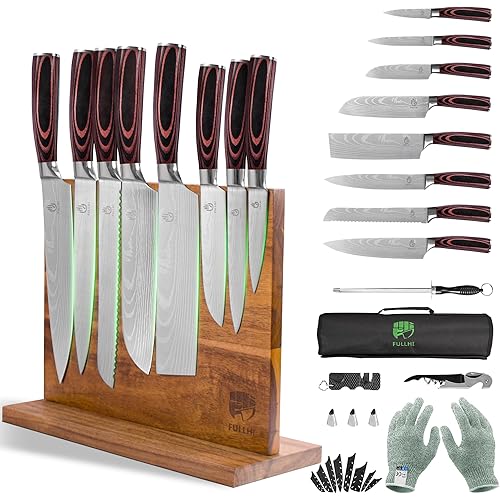 FULLHI 14pcs/15pcs Japanese Knife Set, Premium German Stainless Steel Kitchen Knife Chef Knives Set with Roll Bag (Coffee Wood, Magnetic Block Knife Set)
