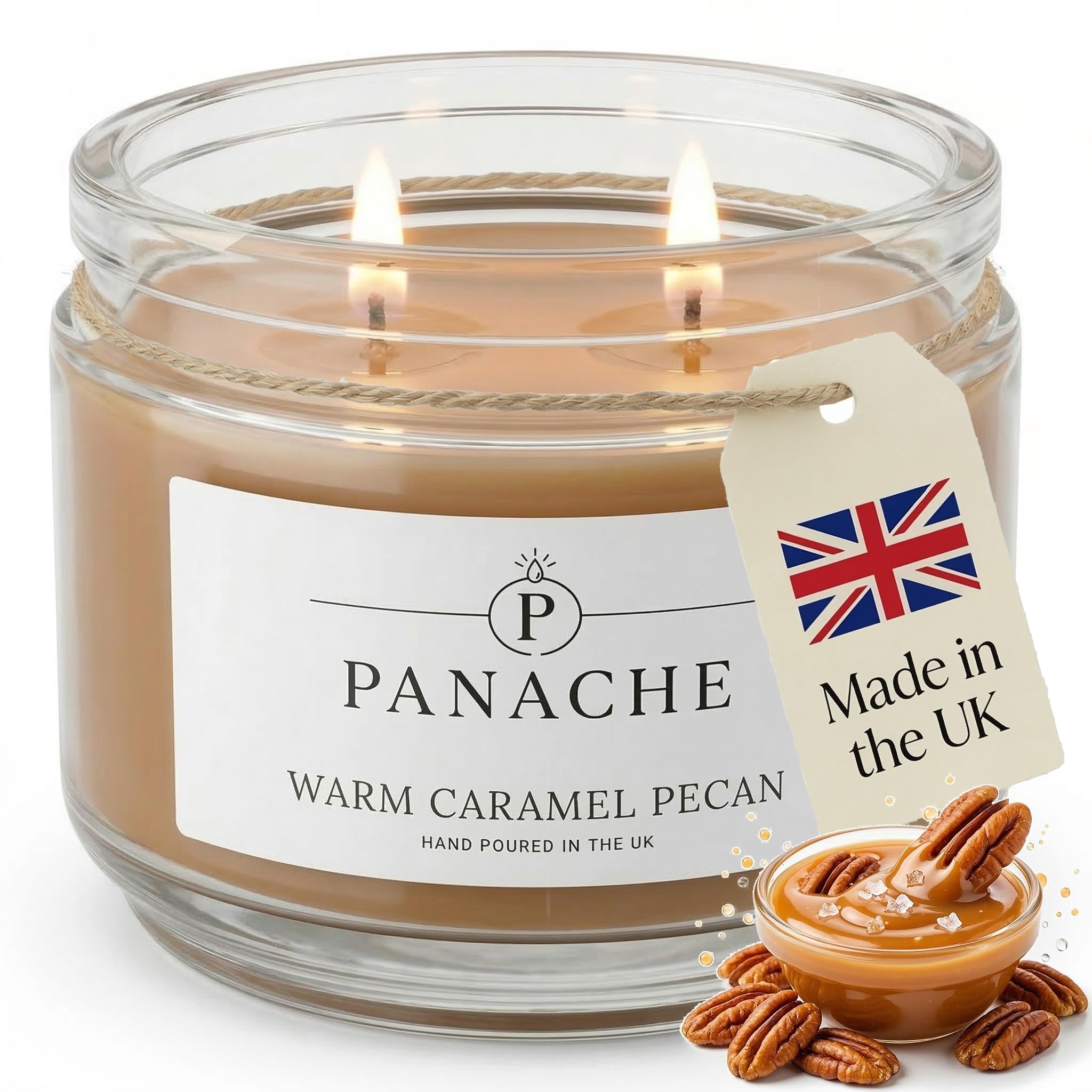 Zan Village Homeware 05 - Warm Caramel Pecan Panache Warm Caramel Pecan Scented Candle – Double Wick Soy Wax Candle, 48 Hour Burn Time, Hand Poured In Uk, Clean Burning Cotton Wicks, Luxury Glass Jar Candle For Home Fragrance & Gifts (320G)