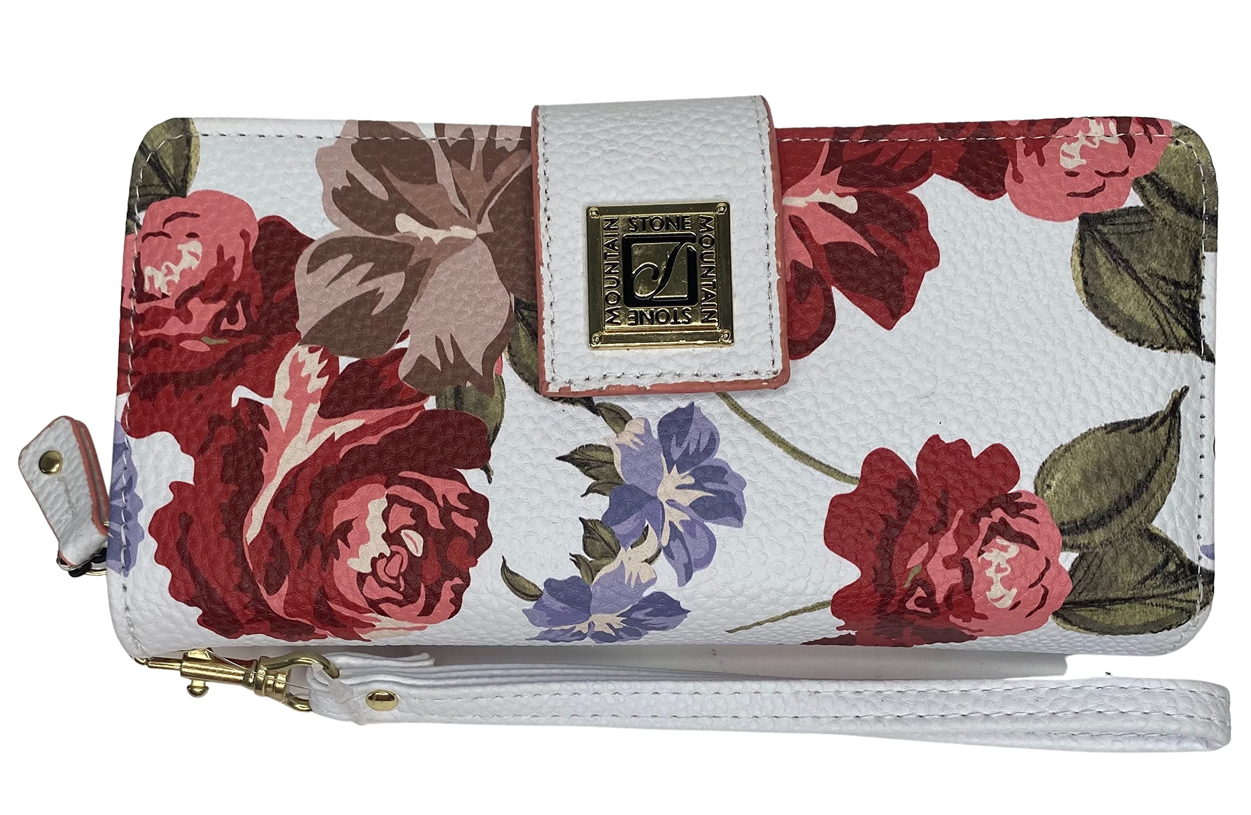 Stone MountainRose Bloom SLG W Wristlet. White Floral Bonded Leather (8AF455-5B) in Gift Box., White