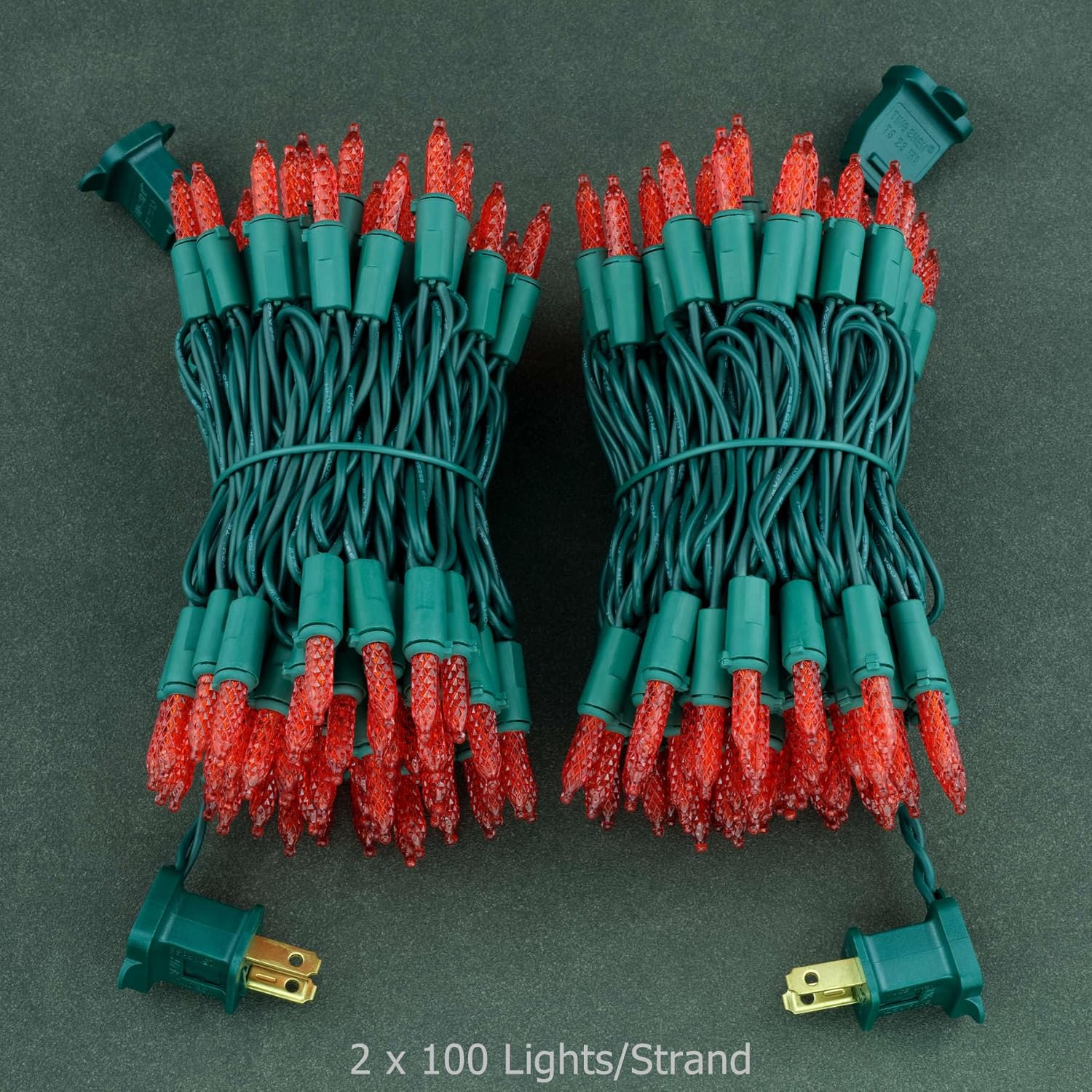 YULETIME Red Faceted LED Christmas Lights 200 Count 50 ft, Pack of 2 Strands 25 ft 100 Lights UL Certified Commercial Grade Green Wire Holiday String Light Set (Red)