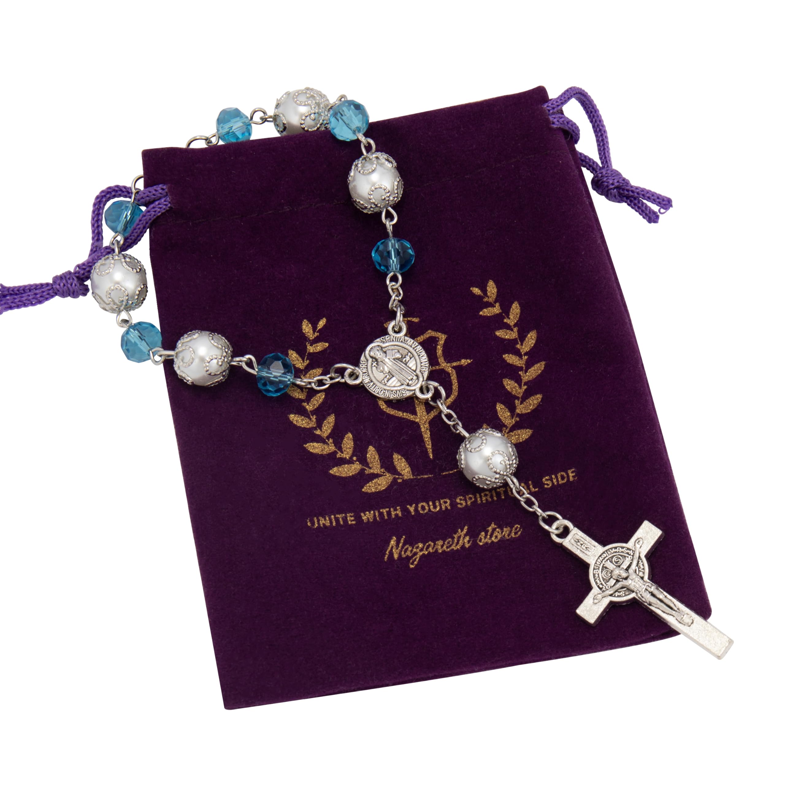 Nazareth Store Rosario Cattolico Per Uomo In Occhio Di Tigre Blu E Lava - Collana Con Croce E Medaglia Miracolosa, Confezione Regalo