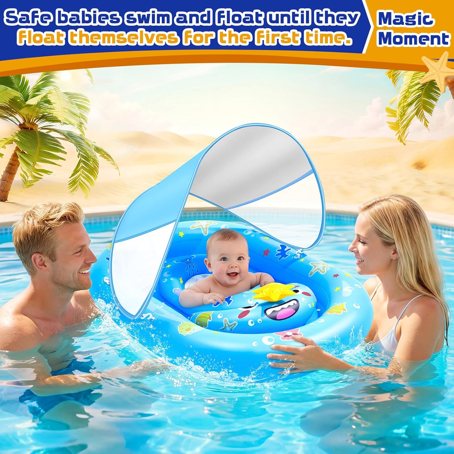 Baby Pool Float with Canopy UPF50+ Sun Protection, WJWJA Inflatable Kids Pool Floats with Adjustable Safety Seat Infant Swimming Float for Baby 6-36 Months Boys and Girls