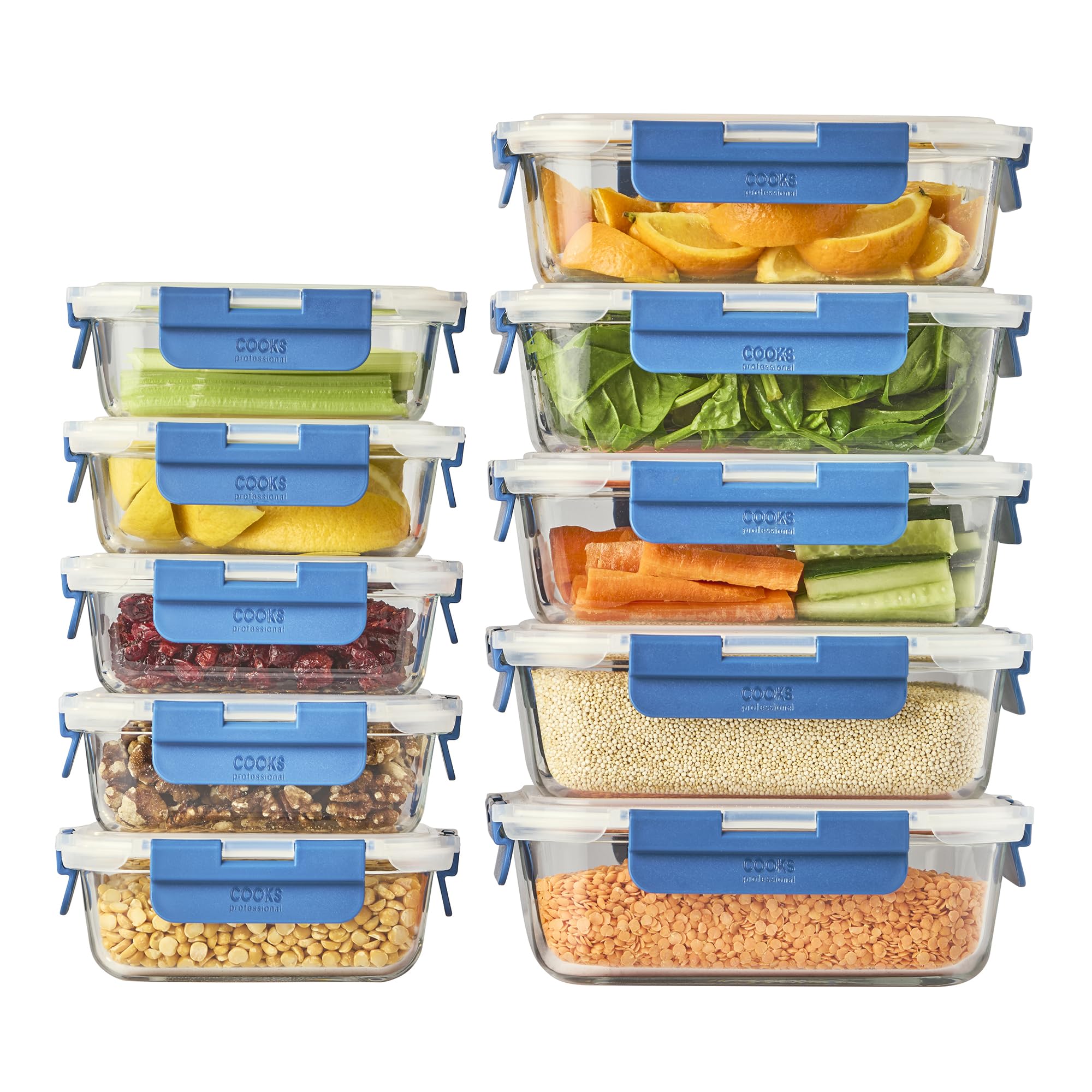 Cooks Professional Set di 10 barattoli in vetro per alimenti con coperchi ermetici in plastica, 10 pezzi, adatti per frigorifero, congelatore, forno e microonde, per conservare pasti e ingredienti, 5