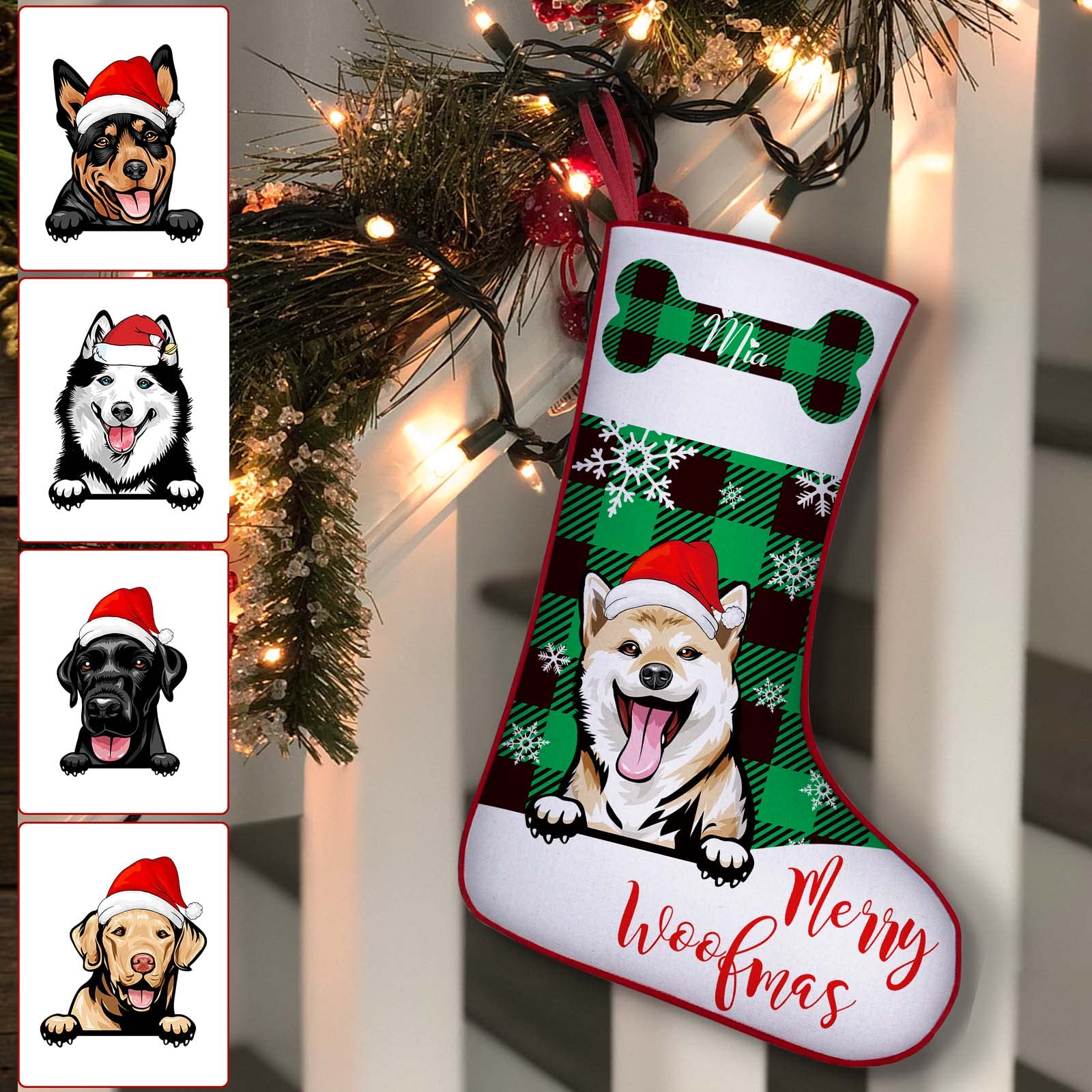 Xsersao Personalised Dog Stocking for Christmas Custom Dogs Xmas Stockings with Name Personalised for Puppy Pet Dog, Green Bone, 43cm