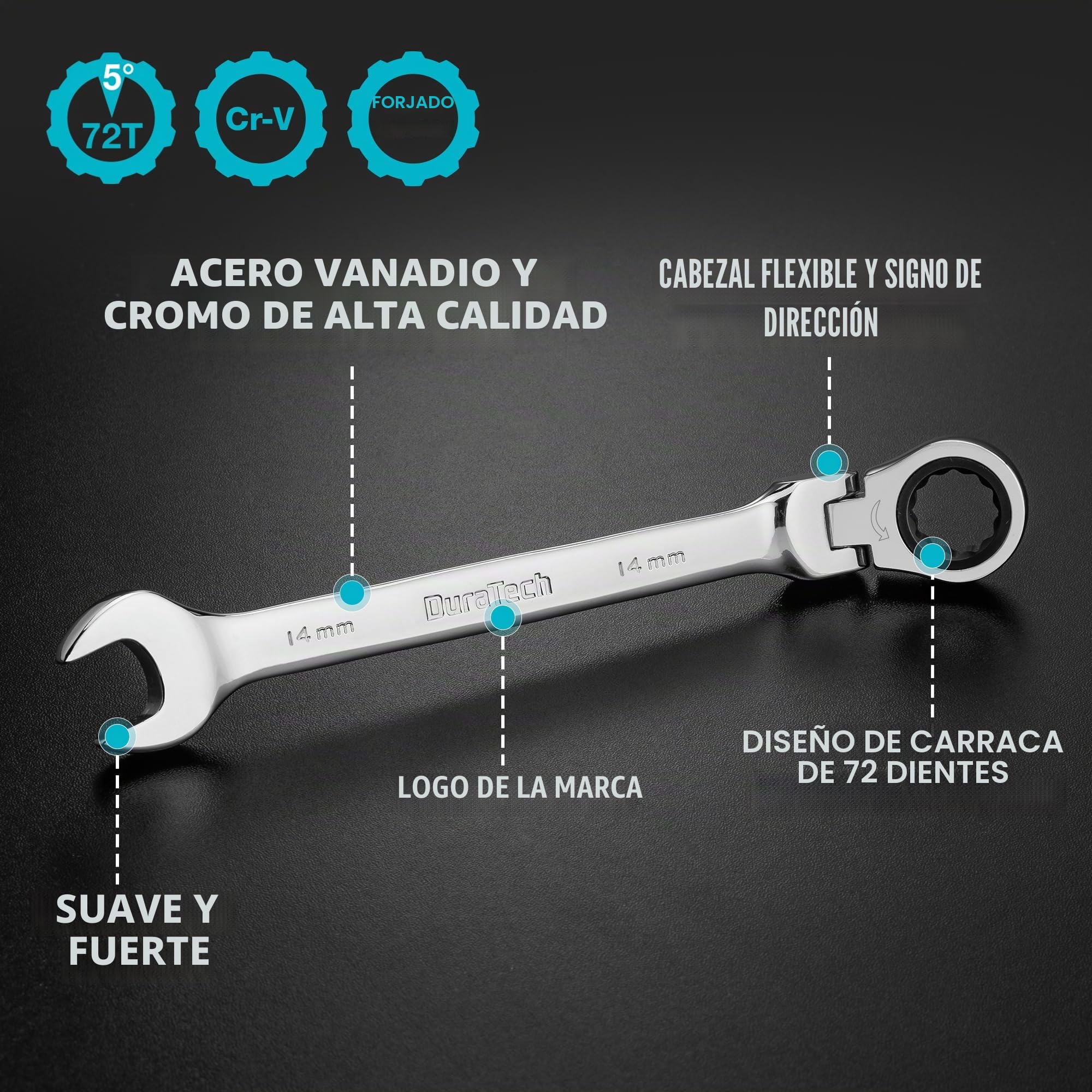 DURATECH Juego de llaves de carraca con cabeza flexible de 12 piezas, 72 dientes, sistema métrico, 8-19 mm, acero al cromo-níquel, organizadas en maletín de almacenamiento