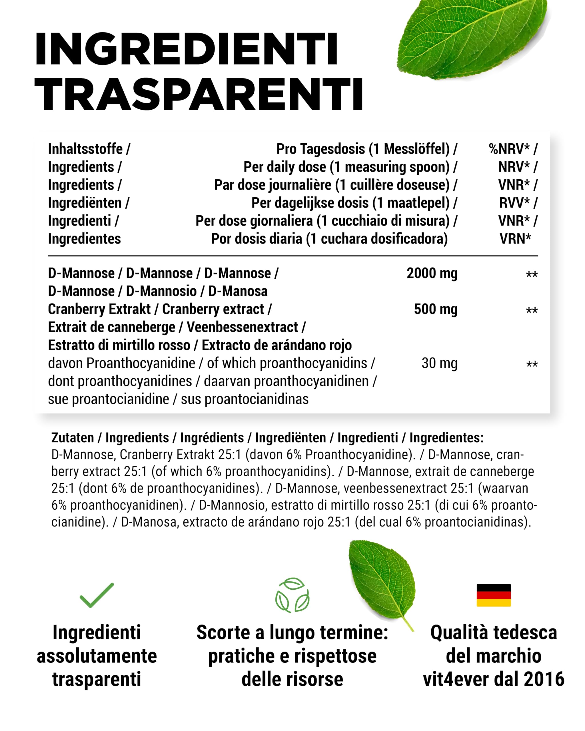 vit4ever D-Mannosio in Polvere con Estratto di Cranberry (Mirtillo Rosso) - Alto Dosaggio con 2000 mg di D-Mannosio e 500 mg di Cranberry - 300 g di Polvere - 120 Applicazioni - Vegano