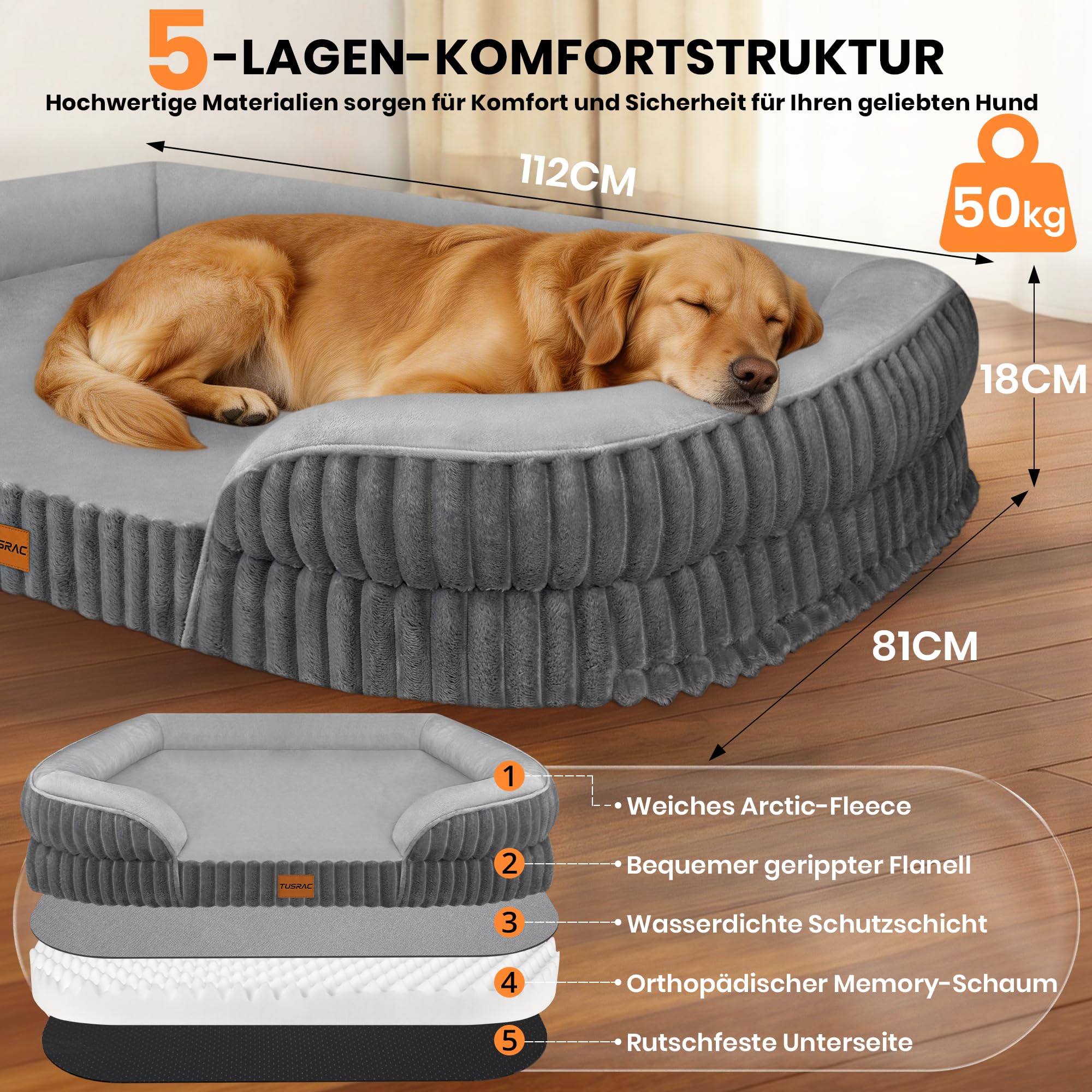 Orthopädisches Hundebett Grosse Hunde, Hundekissen Waschbar, 112x81x18cm | Hundesofa mit eierförmiger Kistenschaum, Hundekissen Waschbar Abnehmbarem Flanellbezug,rutschfeste Unterseite für Große Hunde