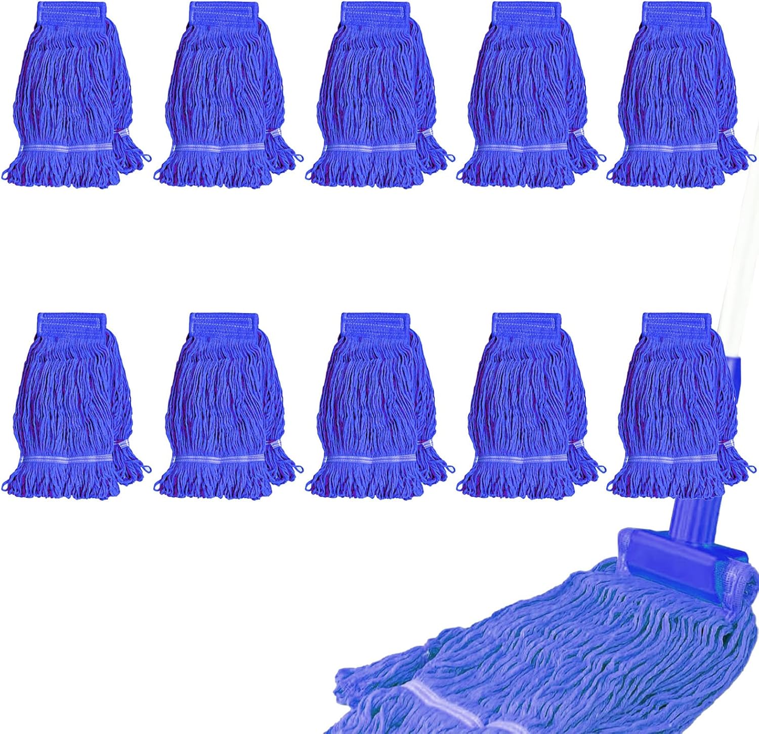 10 Pack Commercial Mop Head Replacement, Heavy Duty Looped End Wet Mop Head Refills, Blue Cotton String Mop Heads for Industrial, Commercial, and Home Floor Cleaning