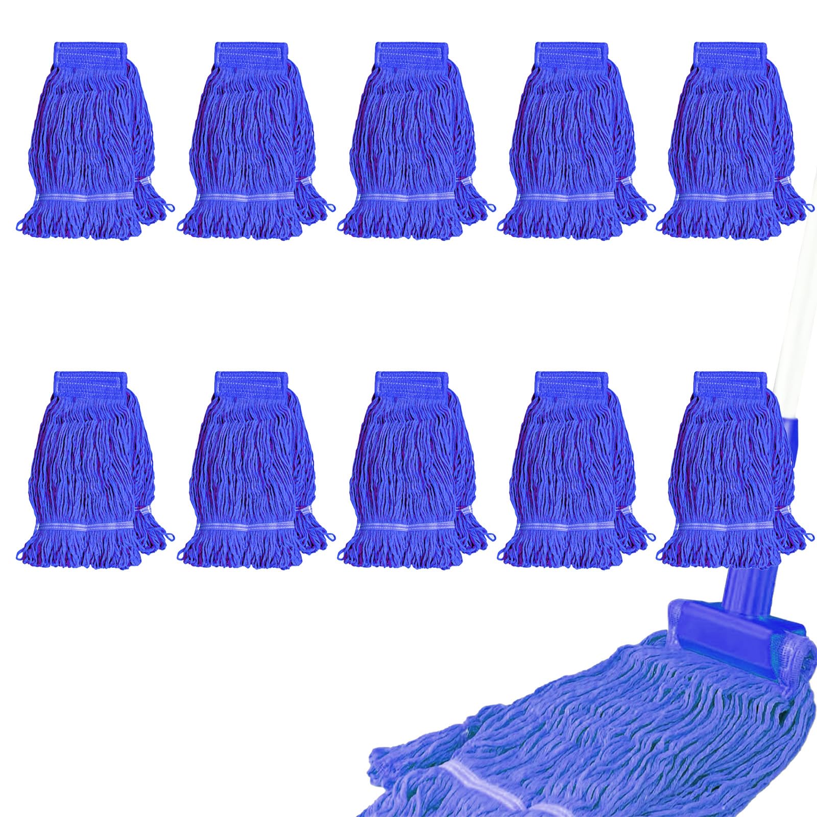10 Pack Commercial Mop Head Replacement, Heavy Duty Looped End Wet Mop Head Refills, Blue Cotton String Mop Heads for Industrial, Commercial, and Home Floor Cleaning