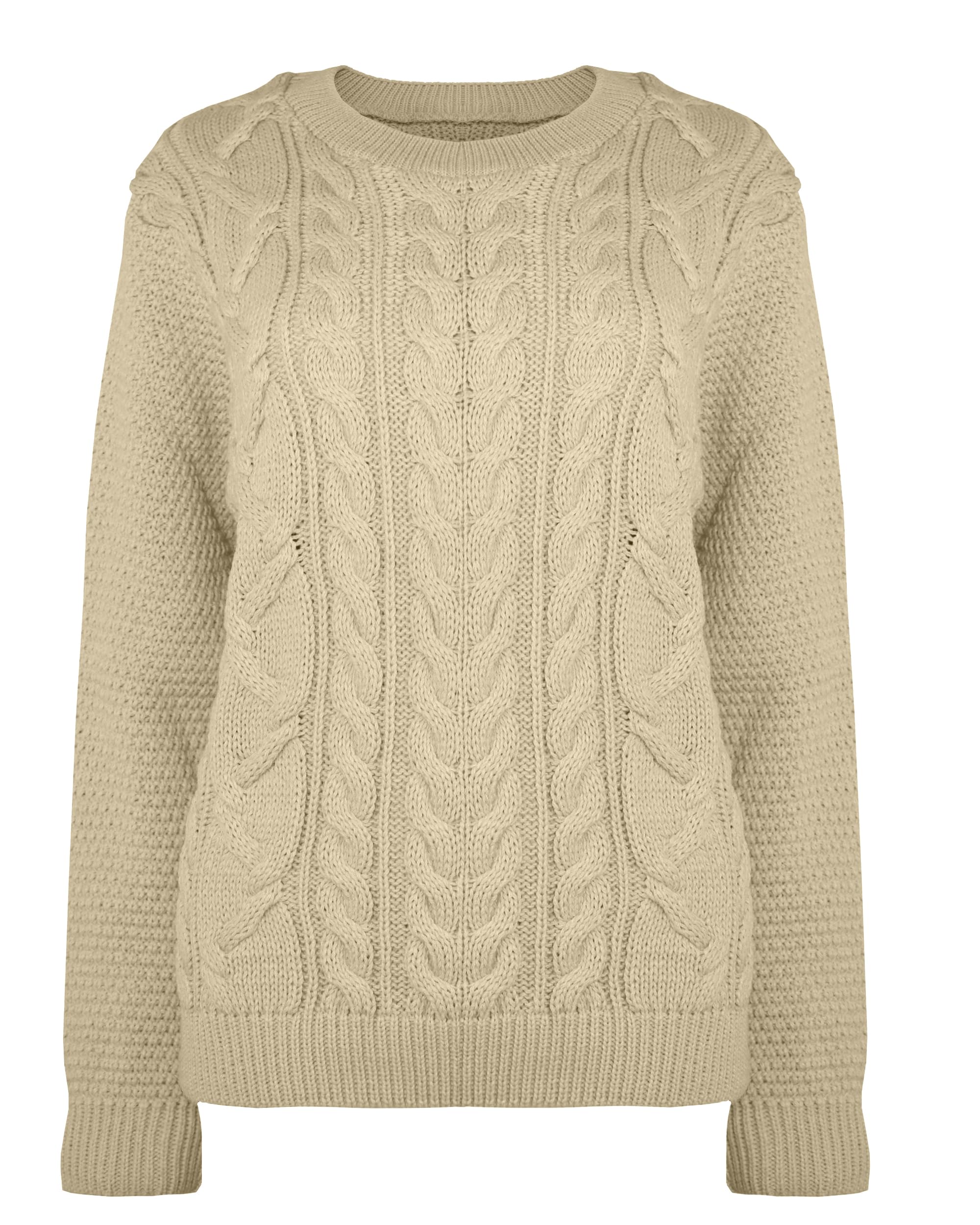 FARKZIQ New Women Ladies Knitted Cable Long Sleeve Warm Chunky Sweater Knitwear Jumper Tops Pullover Crew Neck[Stone,SM]