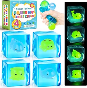VISCOO 4 Pack Stress Cube -Glow in The Dark Sea Animal Inside Squishy Toys