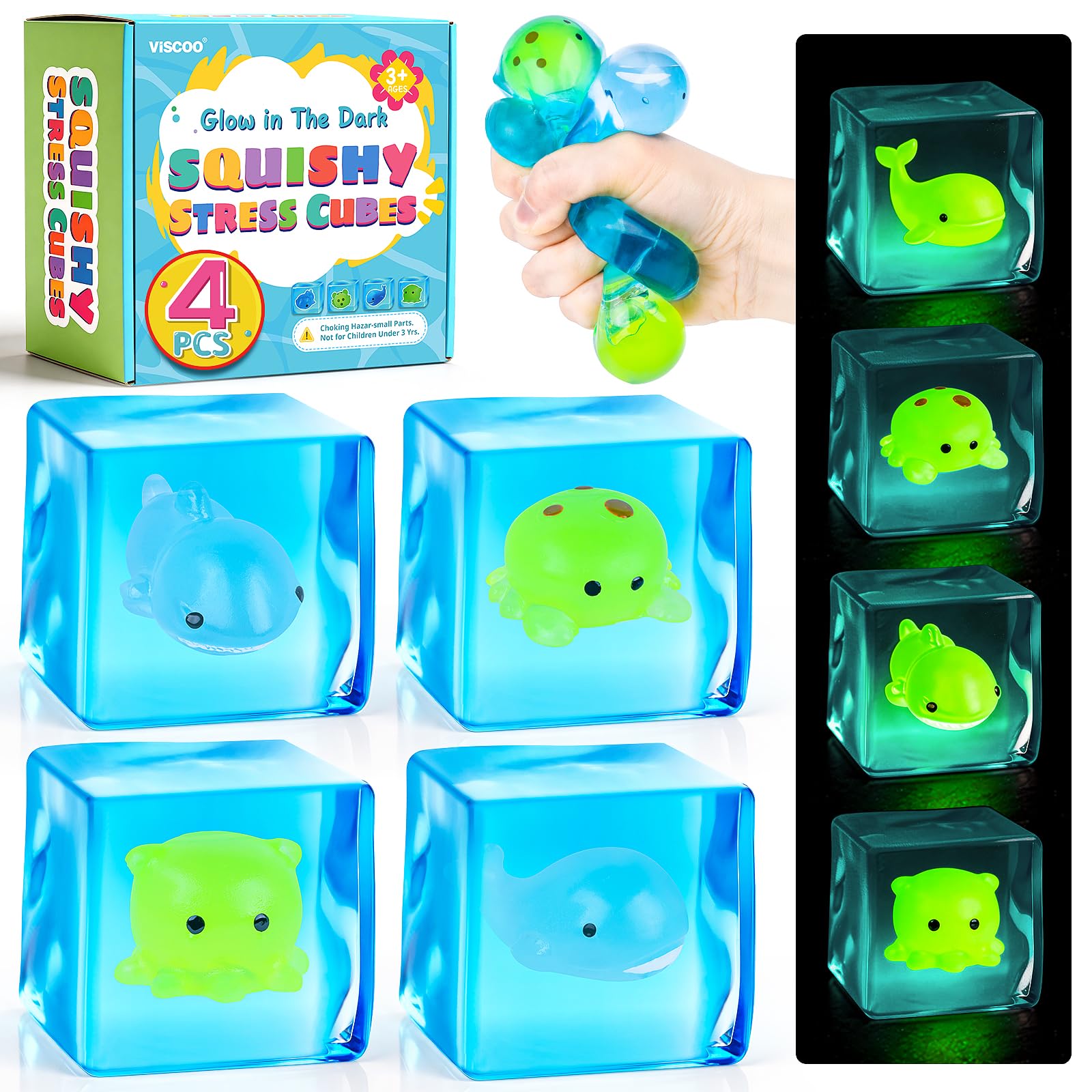 VISCOO 4 Pack Stress Cube -Glow in The Dark Sea Animal Inside Squishy Toys | Cube Squishy Stress Balls for Anxiety Relief, Squeeze Toys for Kids Adults,Fidget Gummy Toys for Party Favors