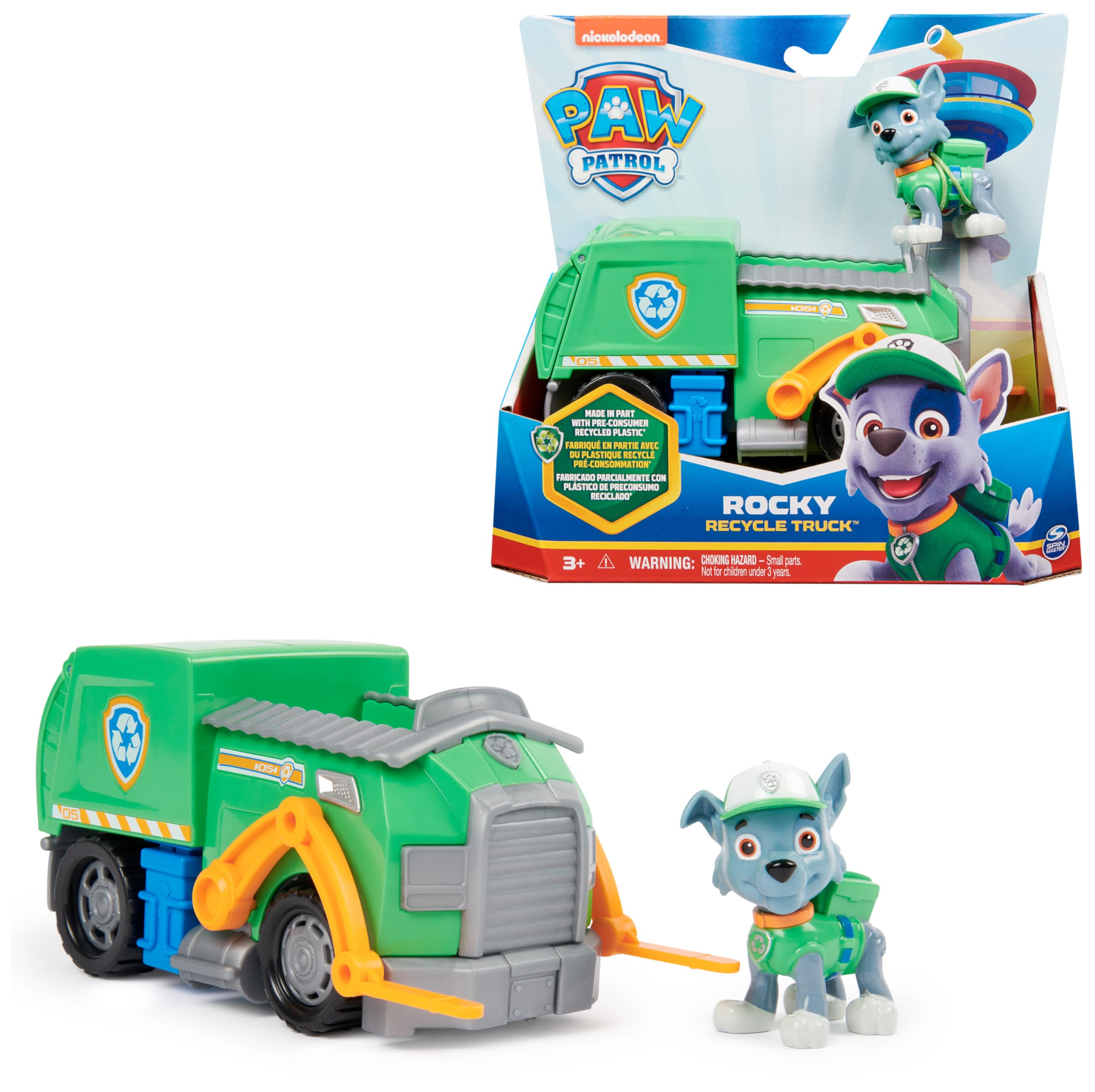 PAW PATROL, Recycling-Truck mit Rocky-Figur & Helikopter mit Skye-Figur (Sustainable Basic Vehicle/Basis Fahrzeug), Spielzeug für Kinder ab 3 Jahren