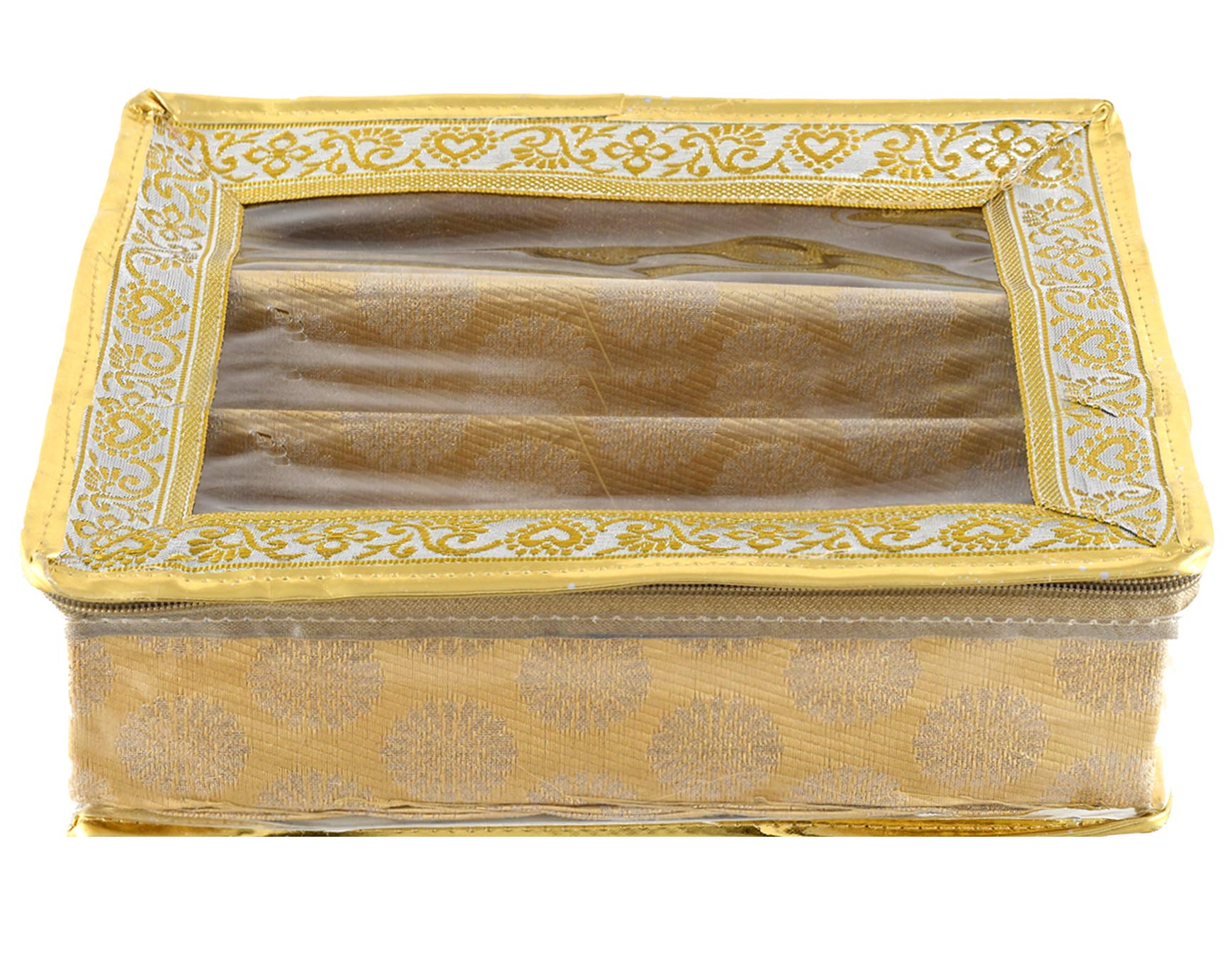 Kuber Industries Carry Design Brocade Hardboard Three Rod Bangle Box (Gold) -CTKTC38745
