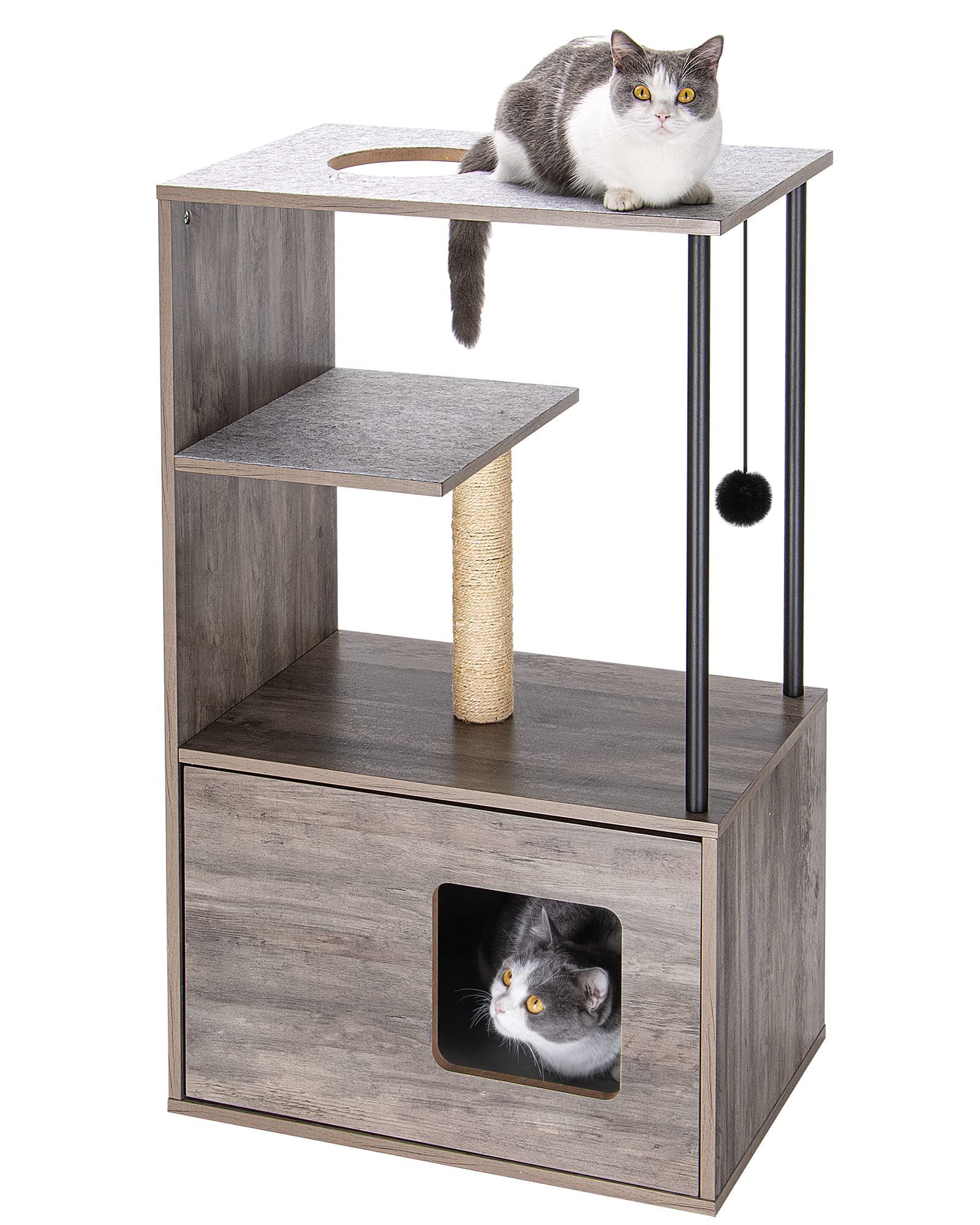 Cat Tree Tower, 39.3in Wood Cat Condo Furniture with Scratching Posts Cute Multi Level Cats Kittens Indoor Activity House with Jump Platform for Pet Climbing Playing Rest