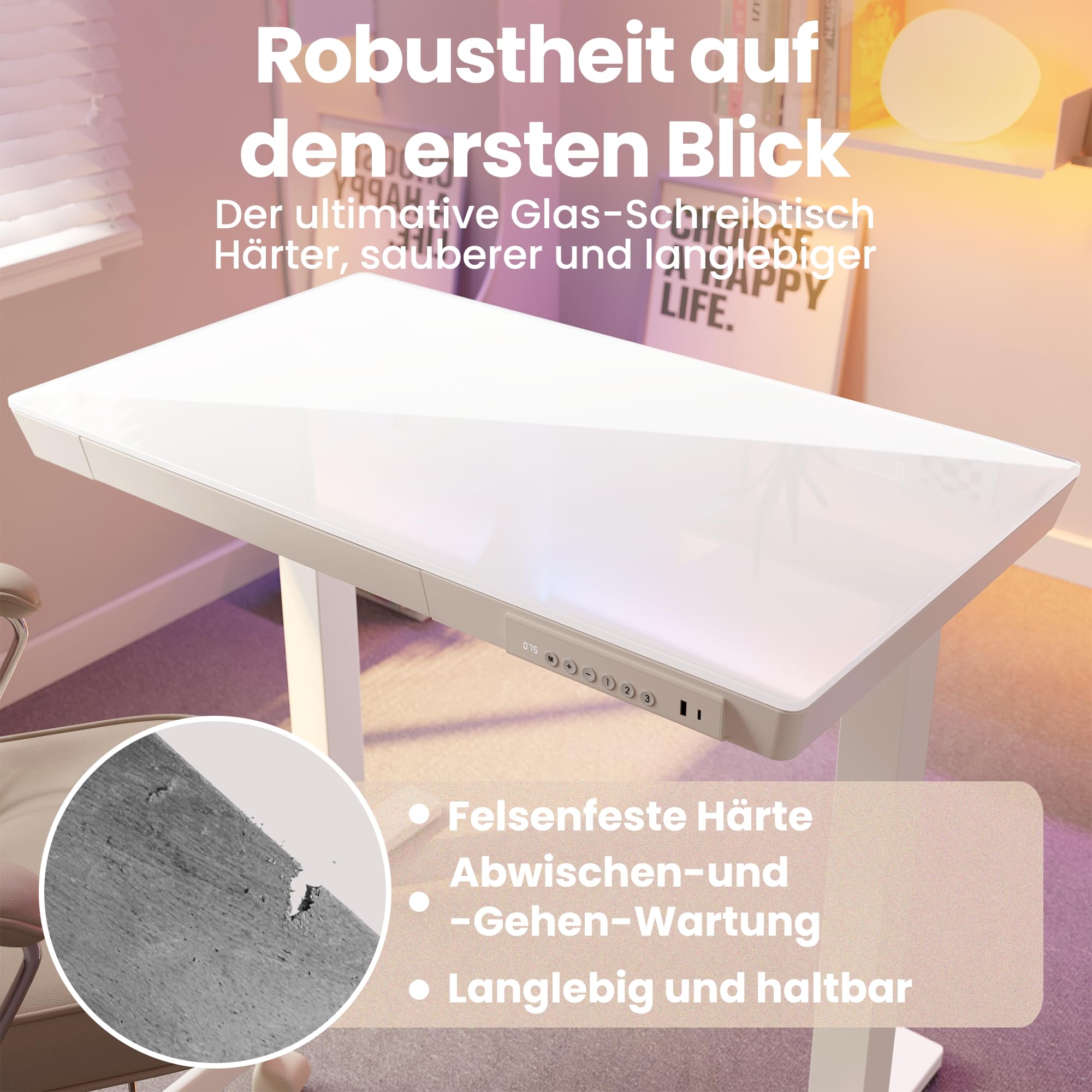 HUANUO 88 x 50 cm Glas Höhenverstellbarer Schreibtisch mit Schublade, Höhenverstellbarer Schreibtisch Ganze Tischplatte, USB-Aufladeanschluss und 3 Memory-Funktion, Weiß