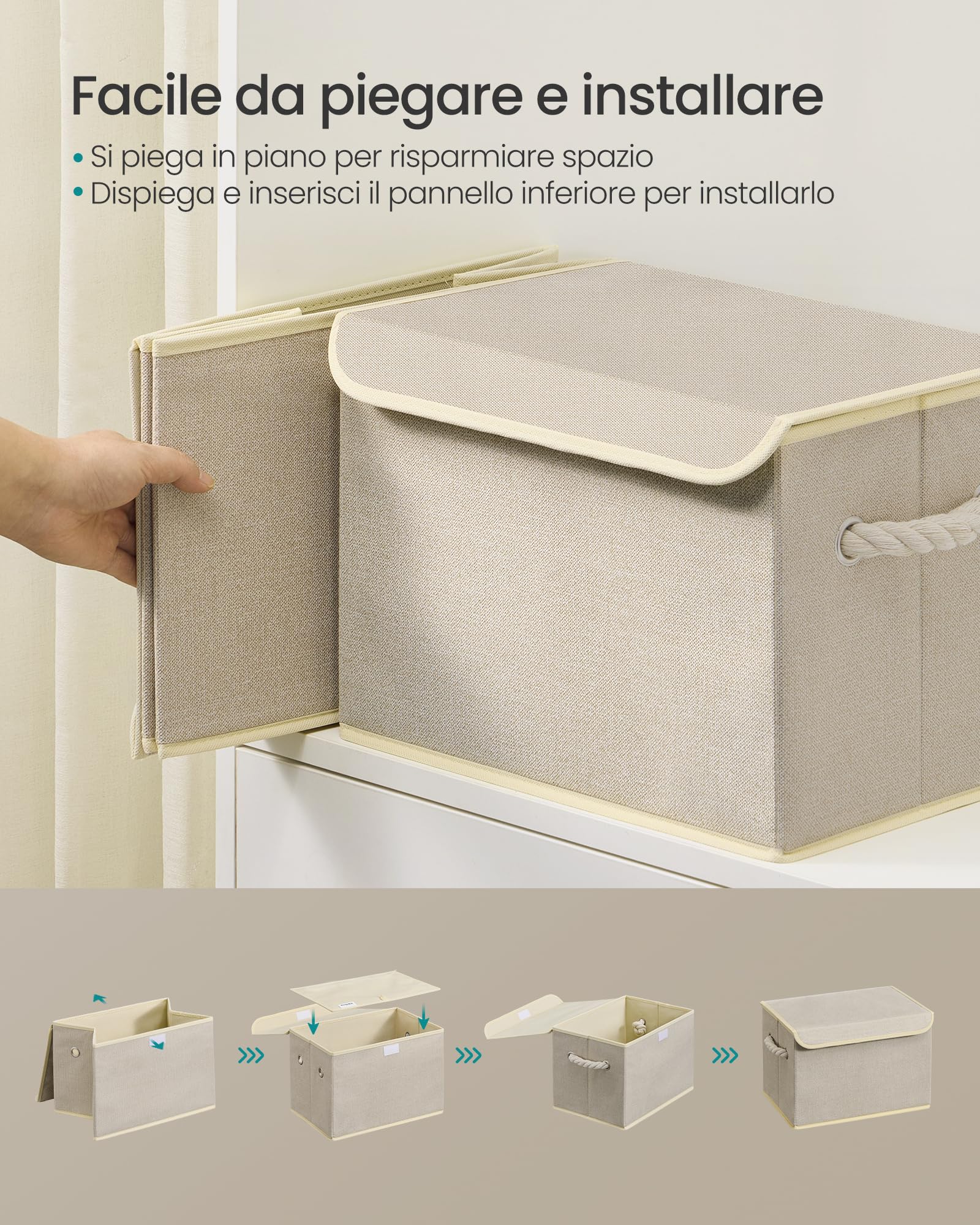 SONGMICS Scatole Portaoggetti con Coperchio, Set di 3, Contenitori in Tessuto Pieghevoli, Organizer per Armadio, Manici, per Camera da Letto Soggiorno, 38 x 25 x 25 cm, Beige Sabbia RFB013LZ01