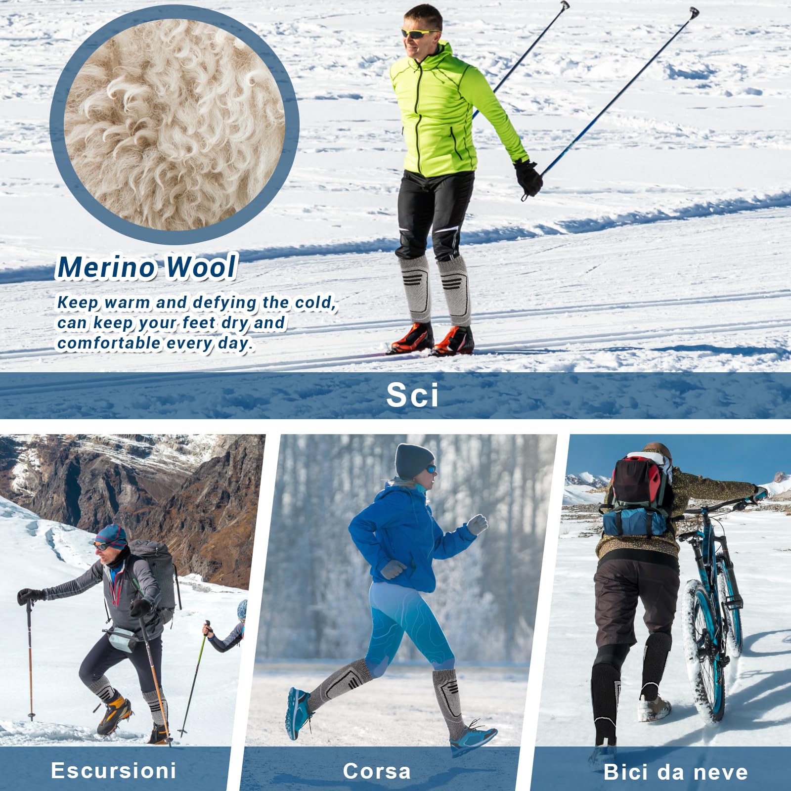 2 Pares Calcetines Esqui Lana Merino, Calcetines de Esquí Hombre y Mujer para Esquiar, Snowboard y Deportes de Invierno al Aire Libre