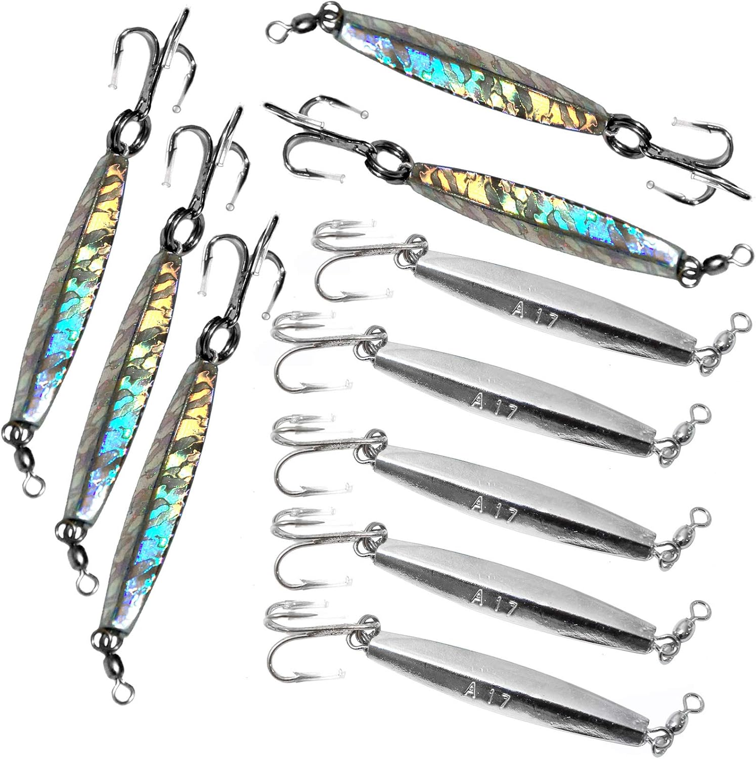 10pcs 2oz Diamond Jig Chrome jigs + Mylar Holographic Laser jigs with a Treble Hook - Fish WOW!