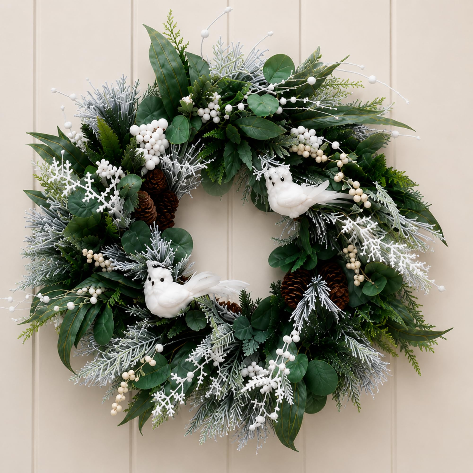Norme Ghirlanda invernale da 61 cm per porta d'ingresso, ghirlanda natalizia con gufo bianco, pigne di cedro e bacche bianche, decorazioni invernali innevate artificiali da appendere per le pareti