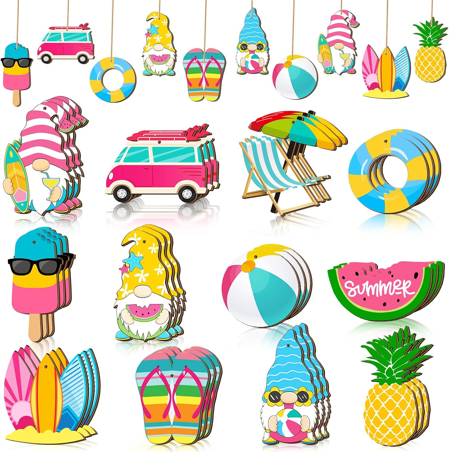 36 Pcs Summer Wood Hanging Ornaments Summer Ornaments for Tree Summer Tree