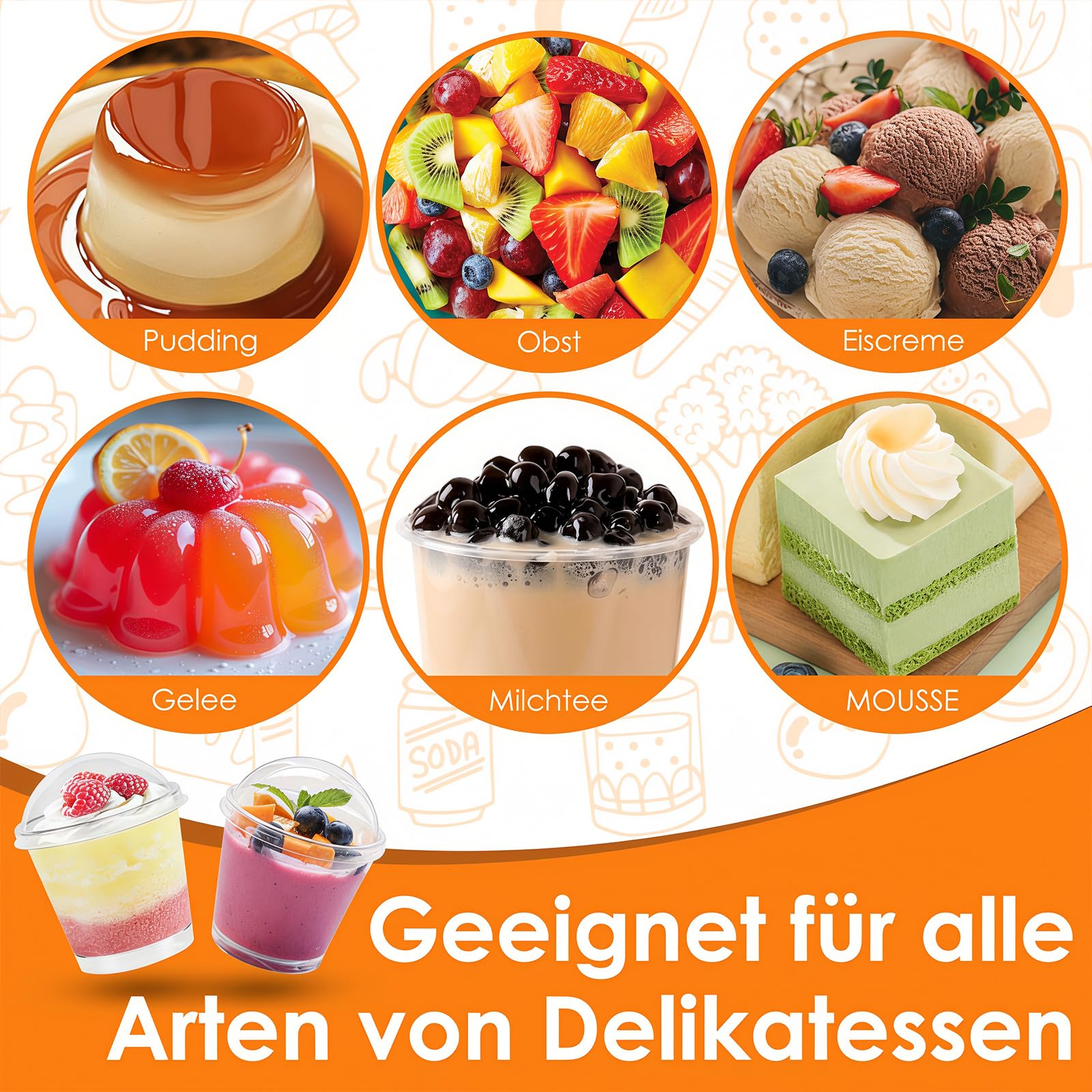 50 tazze da dessert, 200 ml, in plastica con coperchio, riutilizzabili, rotonde da dessert in plastica, per la casa, dessert, mousse budino