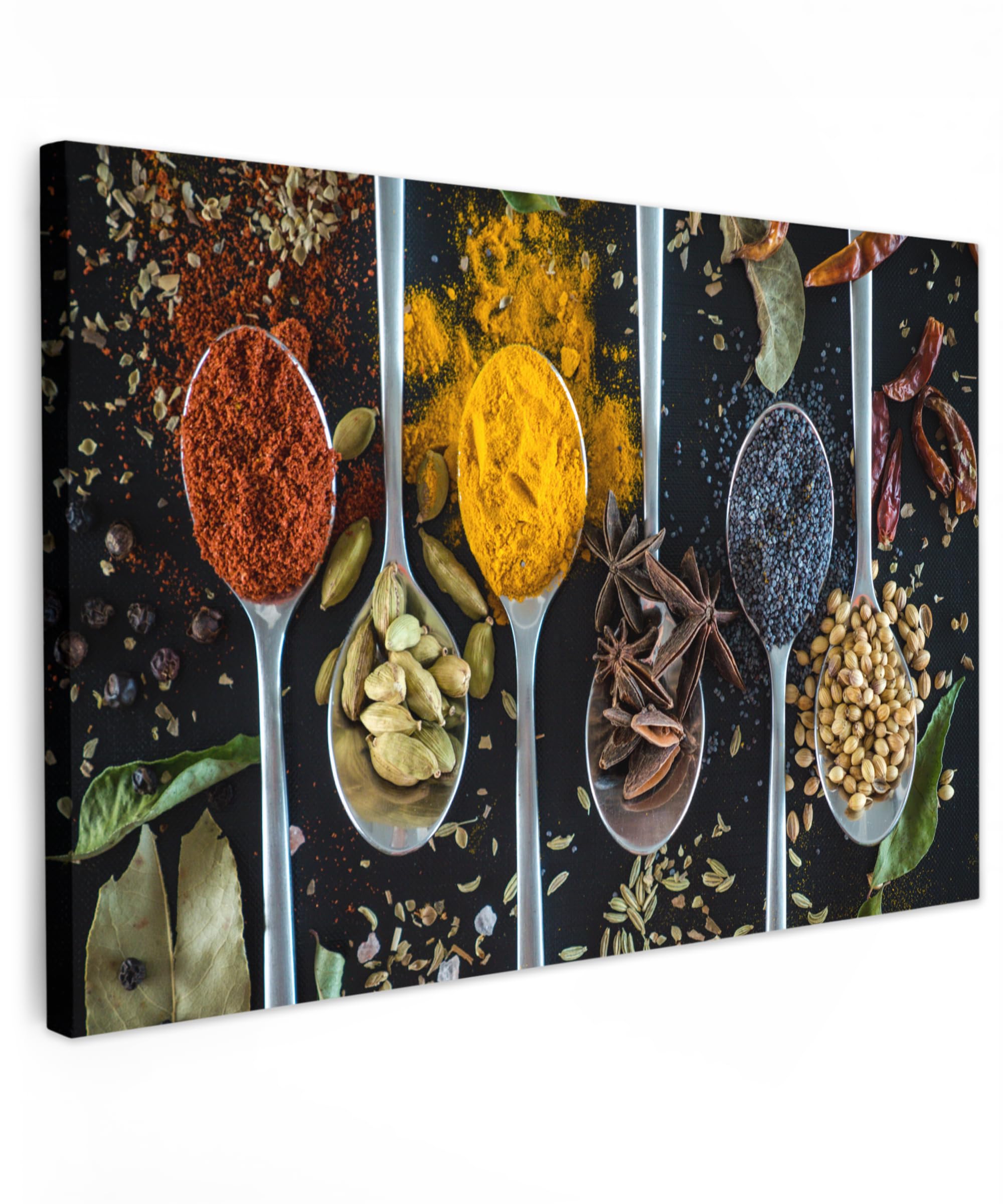MuchoWow© Canvas Wall Art Work 35"x24" / 90x60 cm House Decoration for Living Room Home Decor Pictures Walls Herbs - Spoon - Spices - Black - Kitchen — image 1